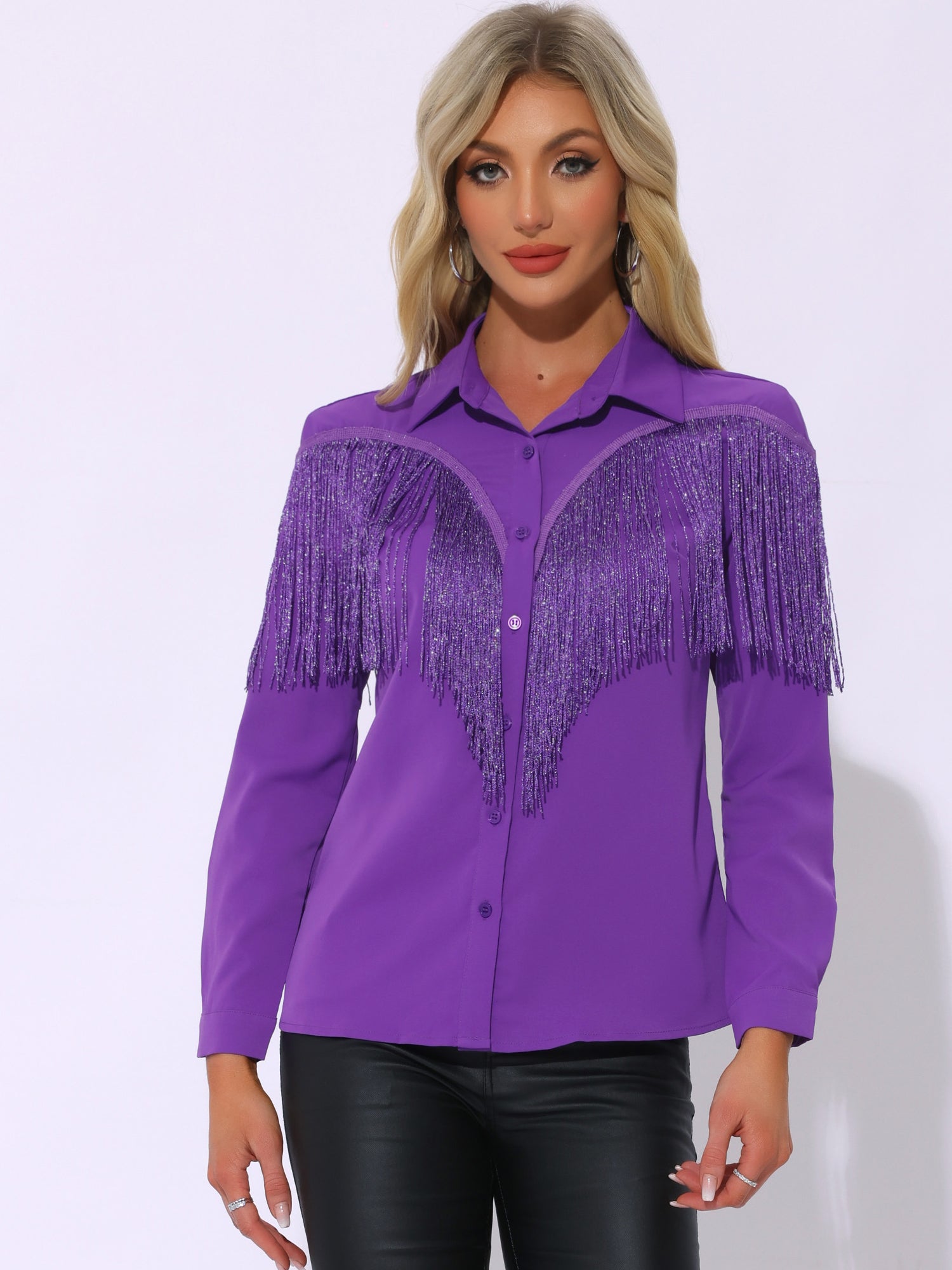 Glitter Fringe Long Sleeve Button Down Disco Party Cowgirl Blouse
