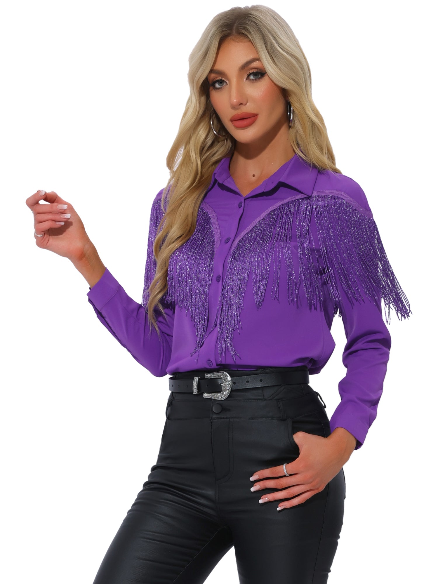 Glitter Fringe Long Sleeve Button Down Disco Party Cowgirl Blouse