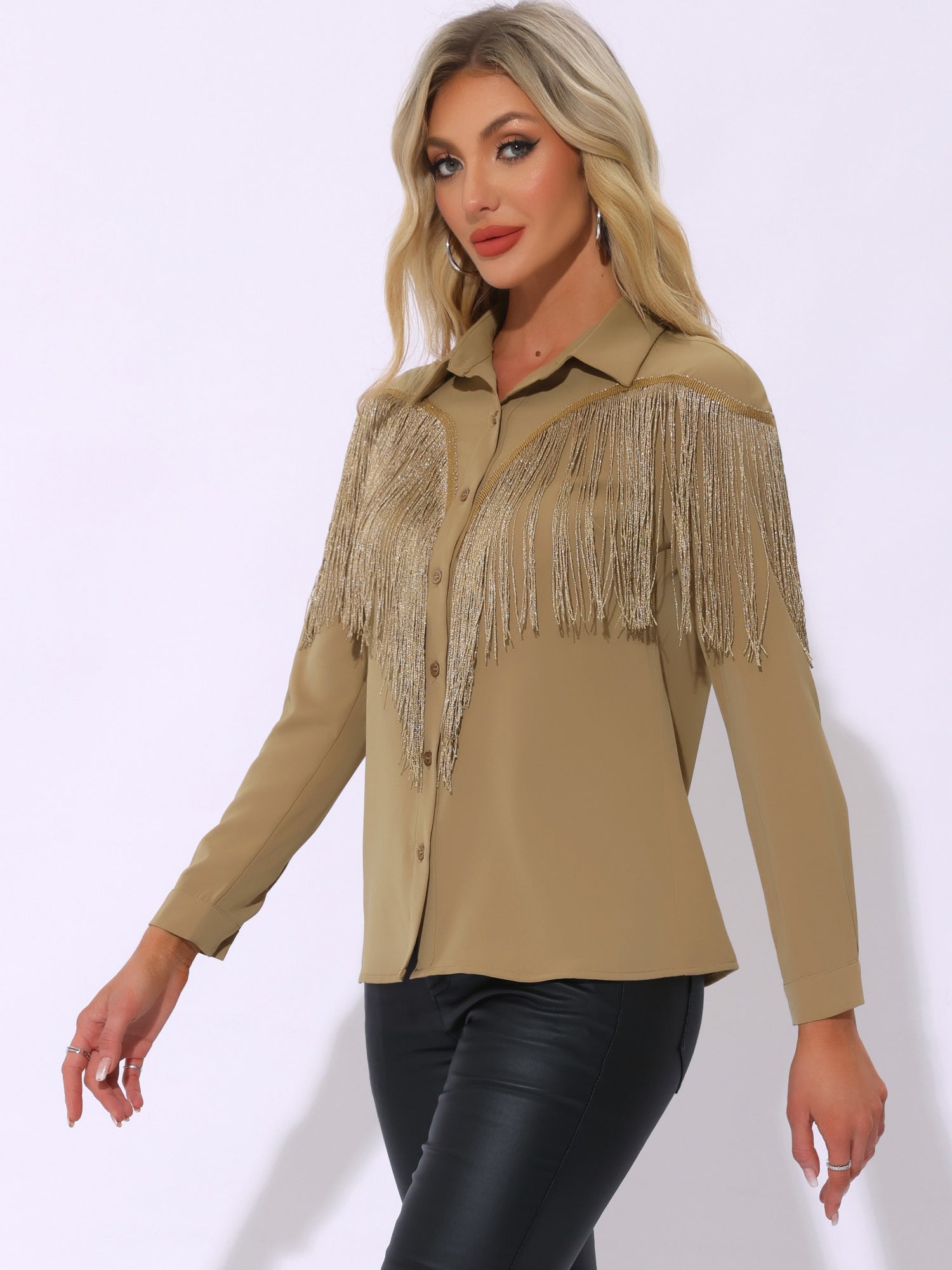 Glitter Fringe Long Sleeve Button Down Disco Party Cowgirl Blouse