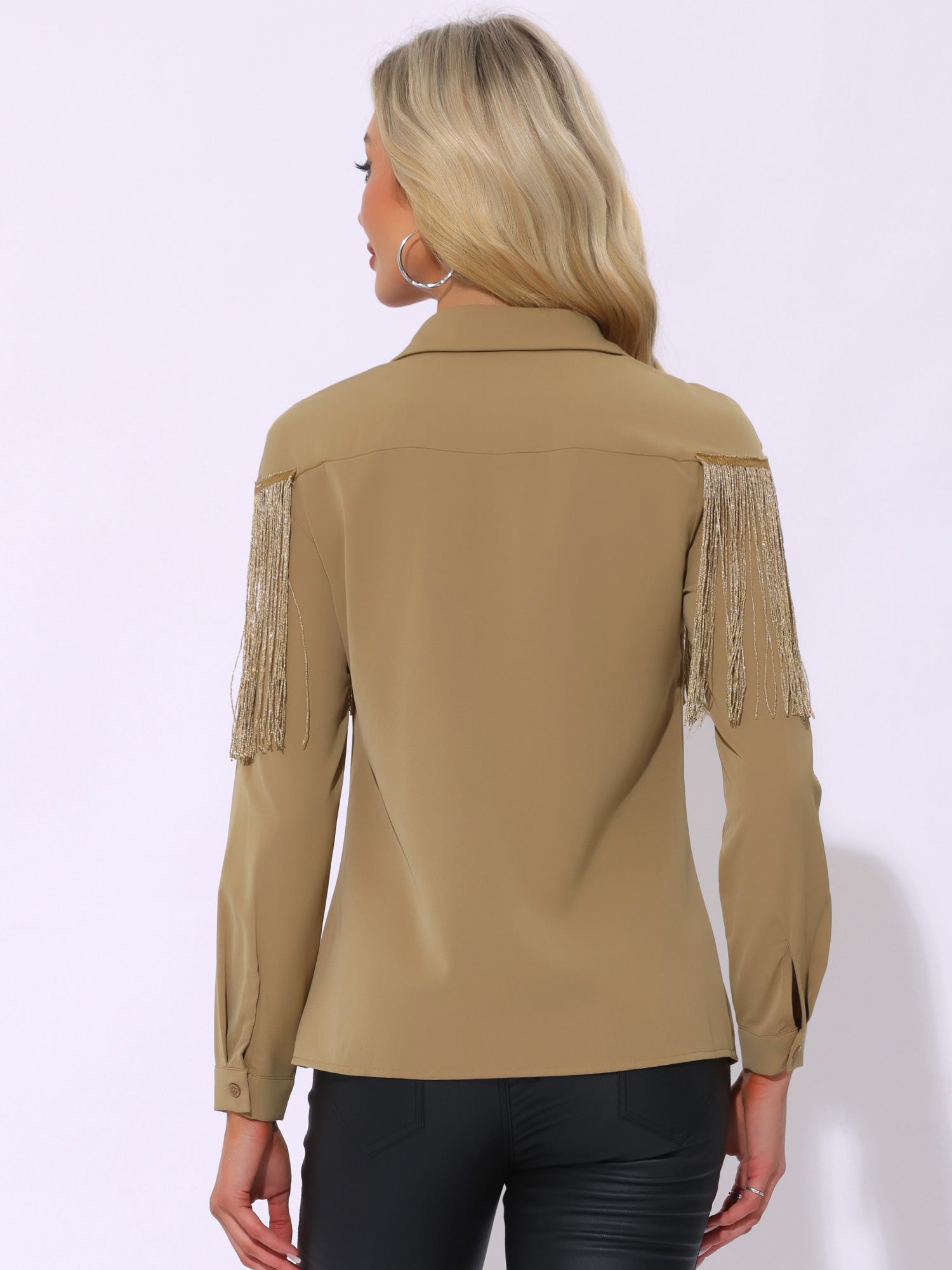Glitter Fringe Long Sleeve Button Down Disco Party Cowgirl Blouse