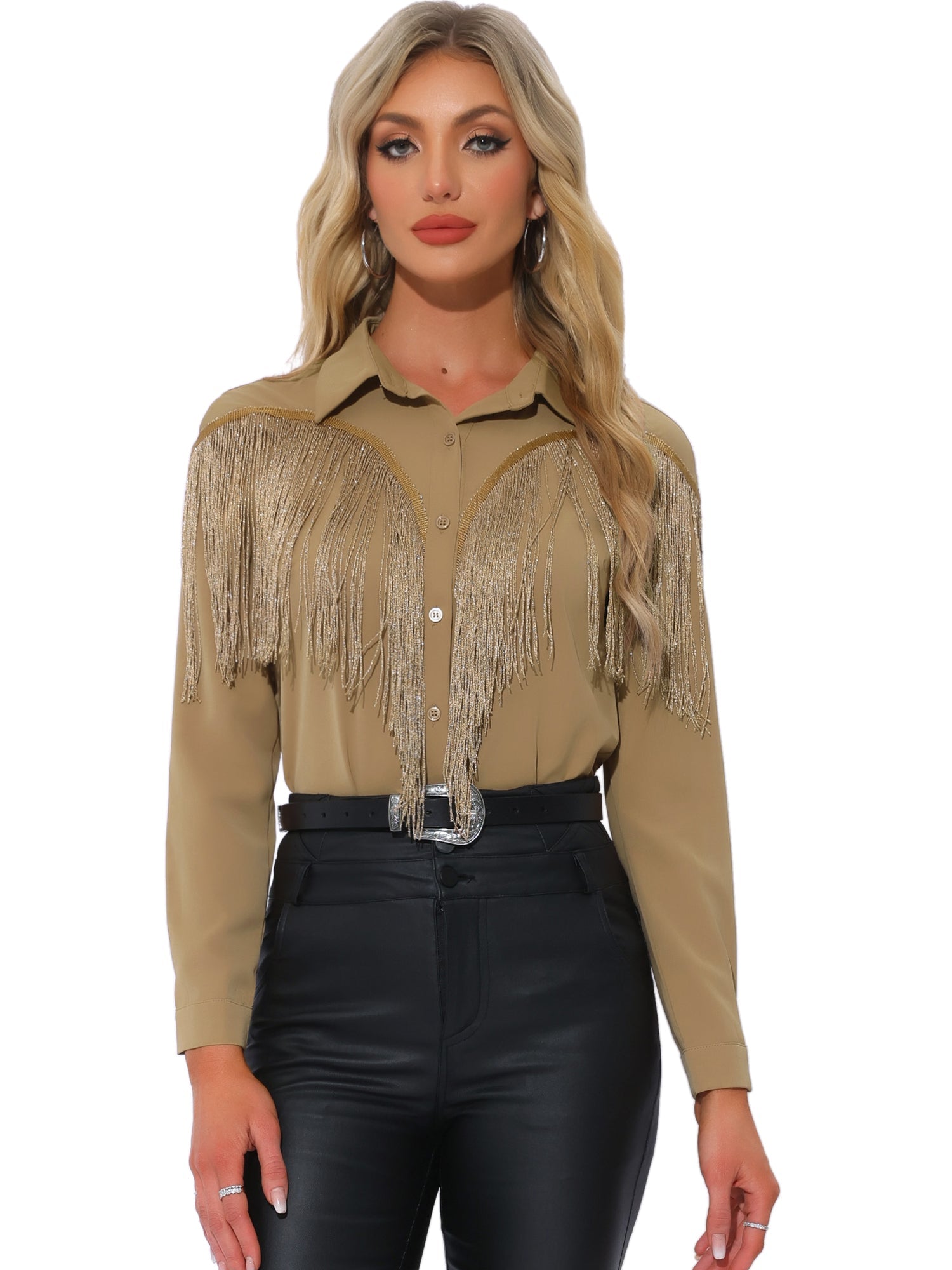 Glitter Fringe Long Sleeve Button Down Disco Party Cowgirl Blouse