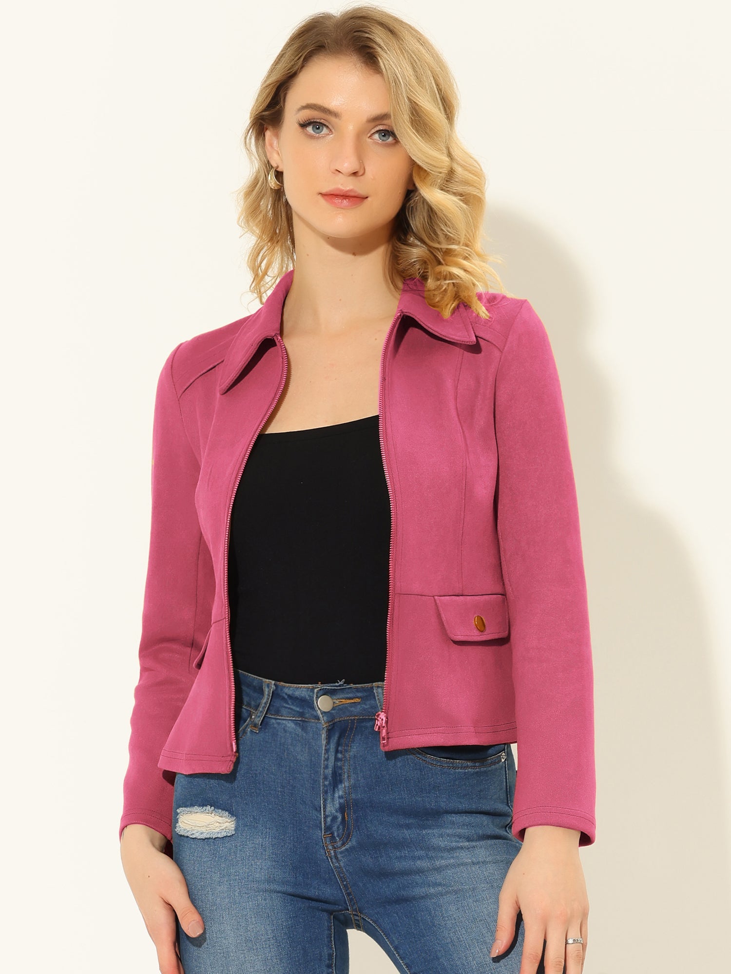 Faux Suede Jacket Short Zip Up Motorcycle Biker Coat