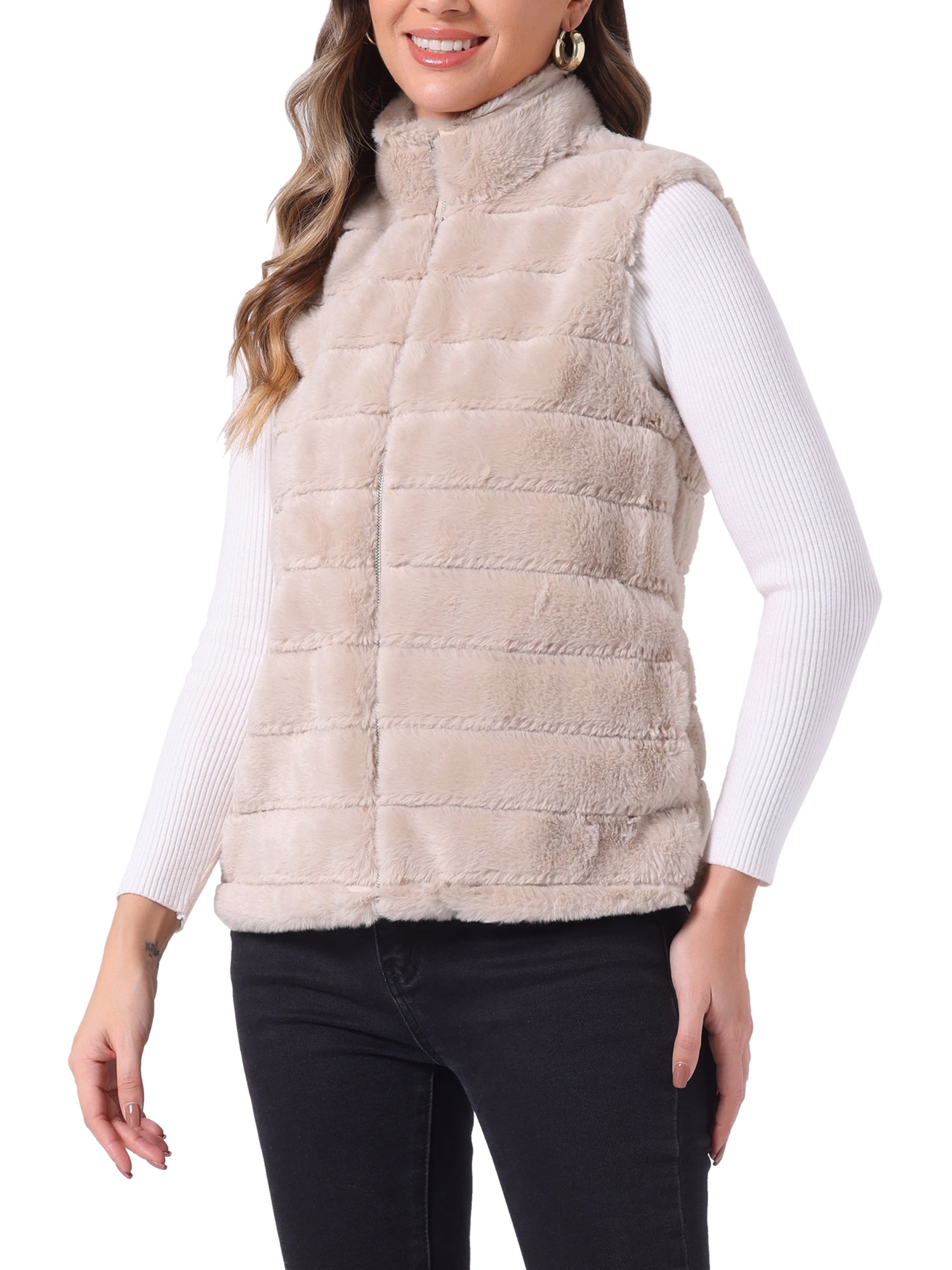 Fluffy Vest Jacket Stand Collar Sleeveless Faux Fur Coat
