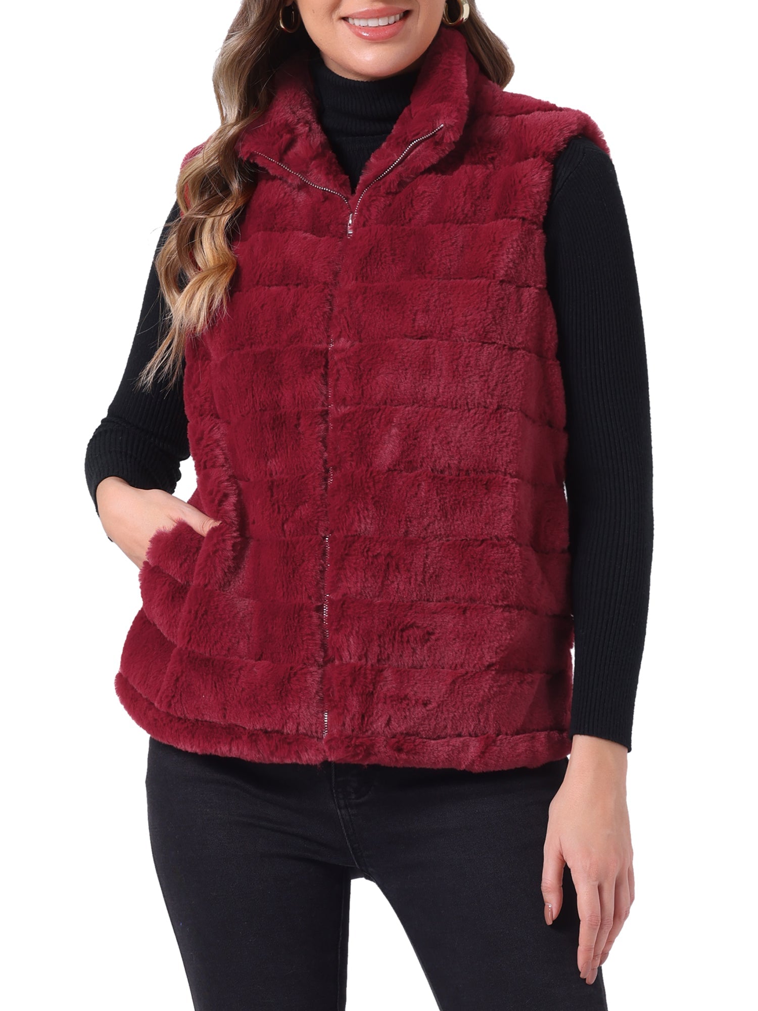 Fluffy Vest Jacket Stand Collar Sleeveless Faux Fur Coat