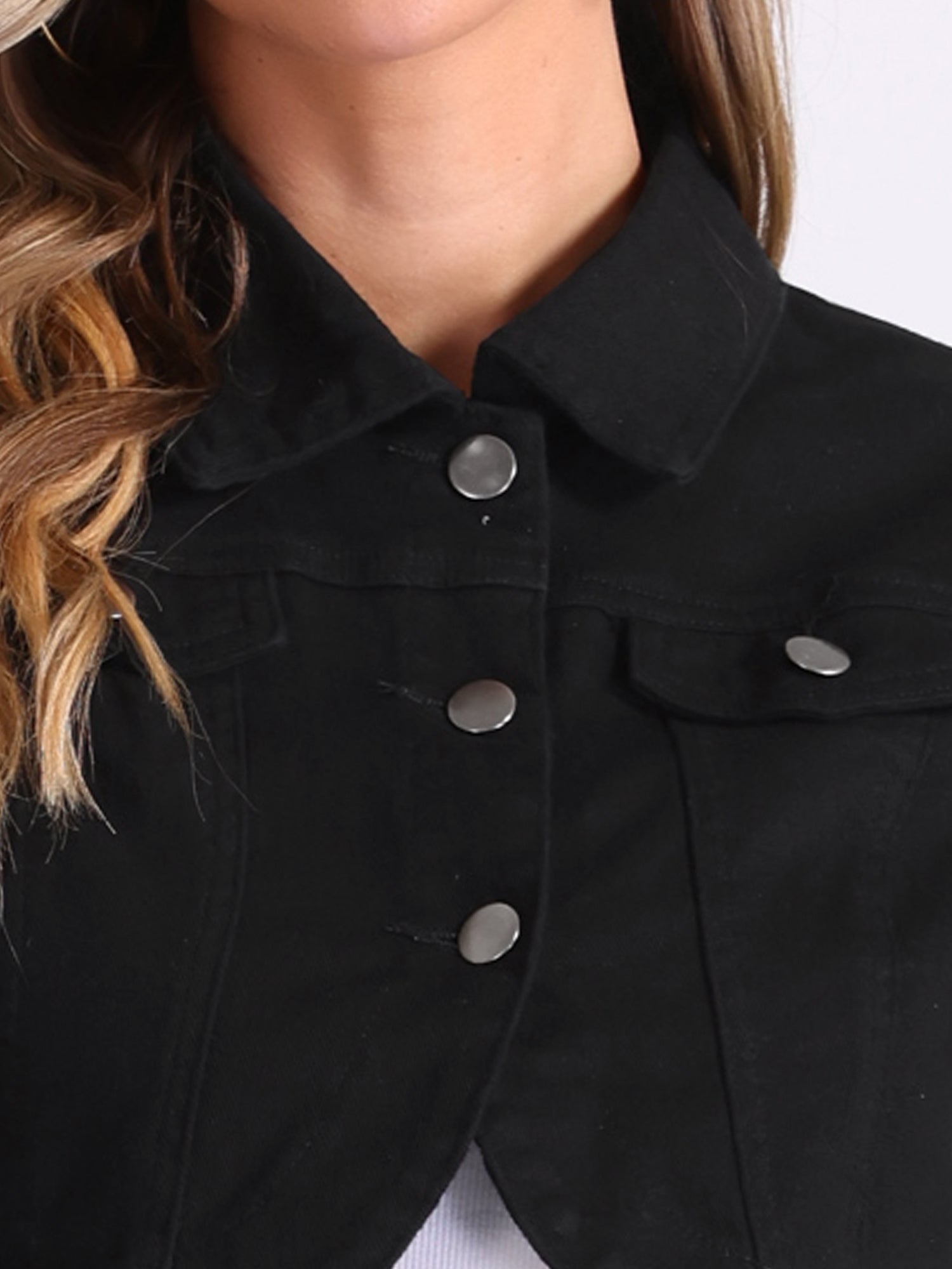 Collared Button Down Long Sleeve Denim Crop Jean Jacket