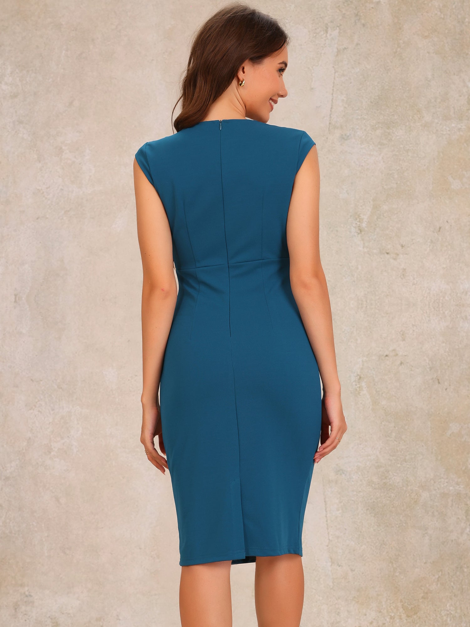 Sheath Pencil Sleeveless Pleated Front Elegant Business Dress
