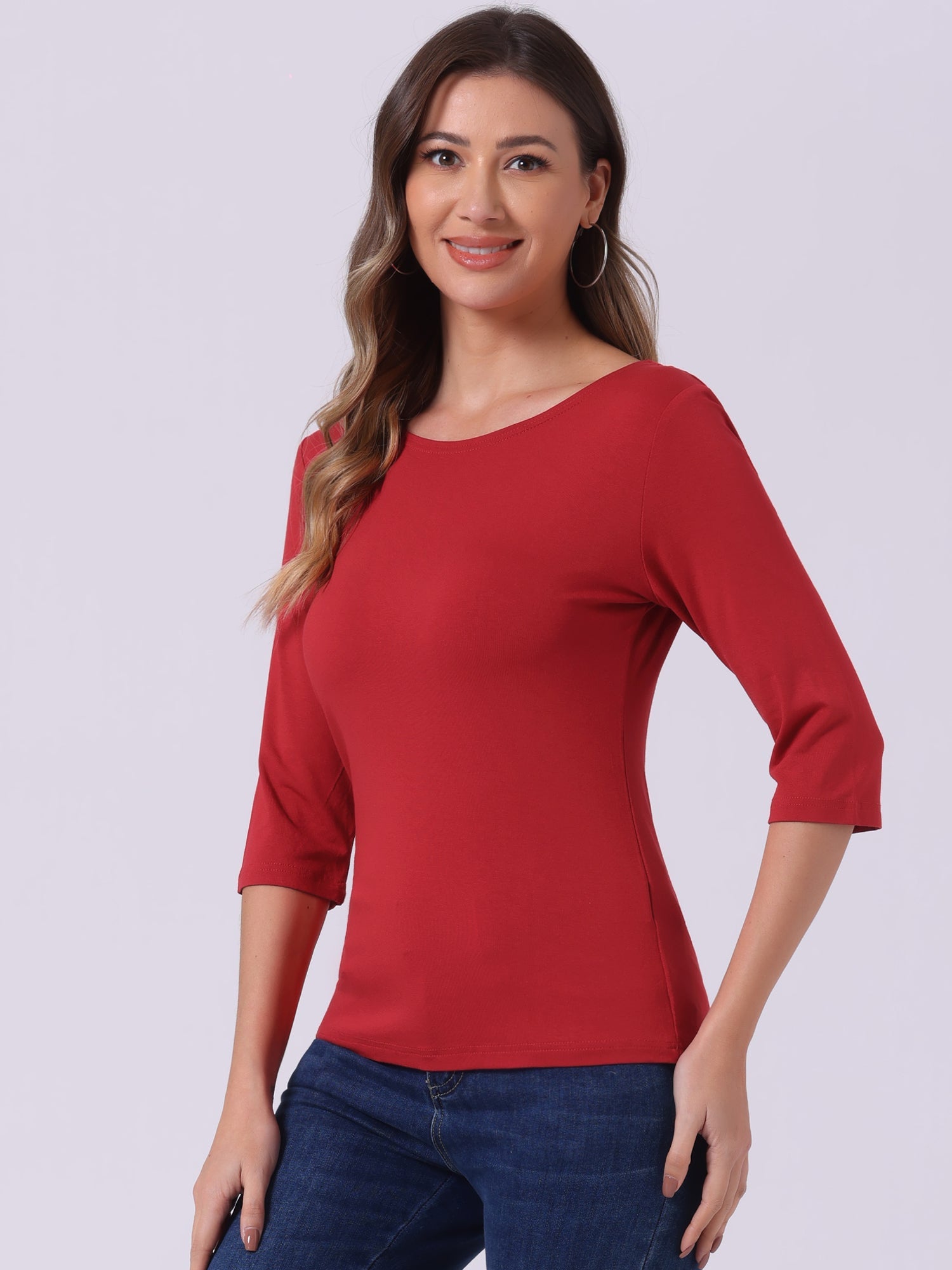 Casual Boat Neck 3/4 Sleeve Solid Basic T-shirt