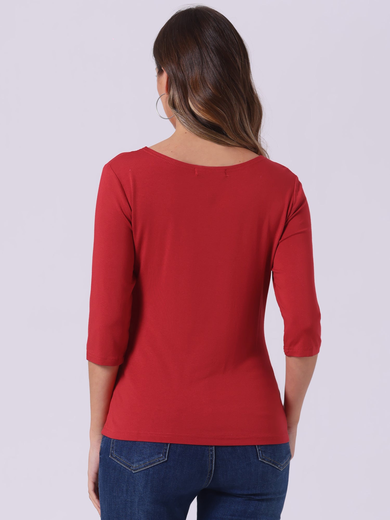 Casual Boat Neck 3/4 Sleeve Solid Basic T-shirt