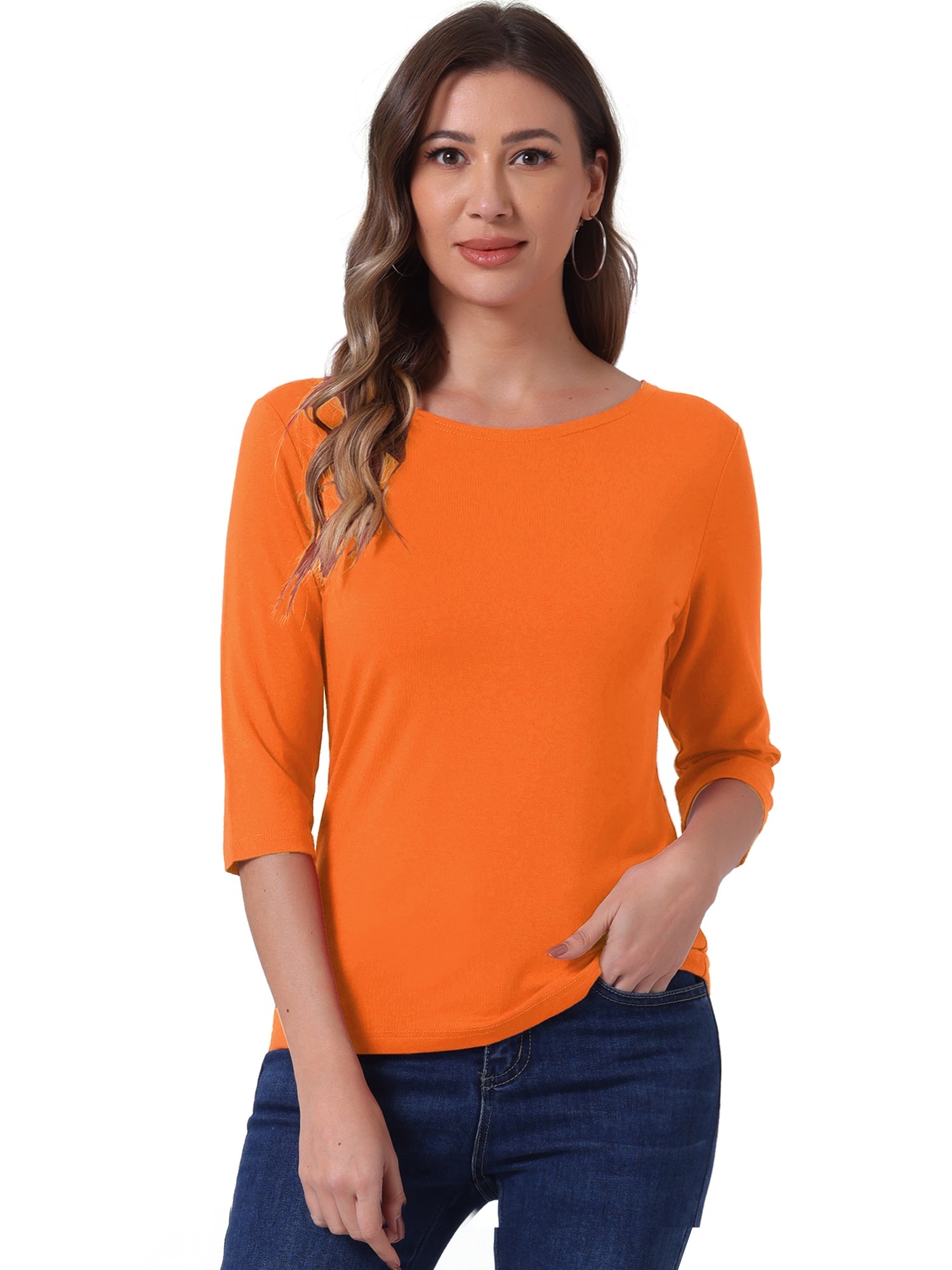 Casual Boat Neck 3/4 Sleeve Solid Basic T-shirt