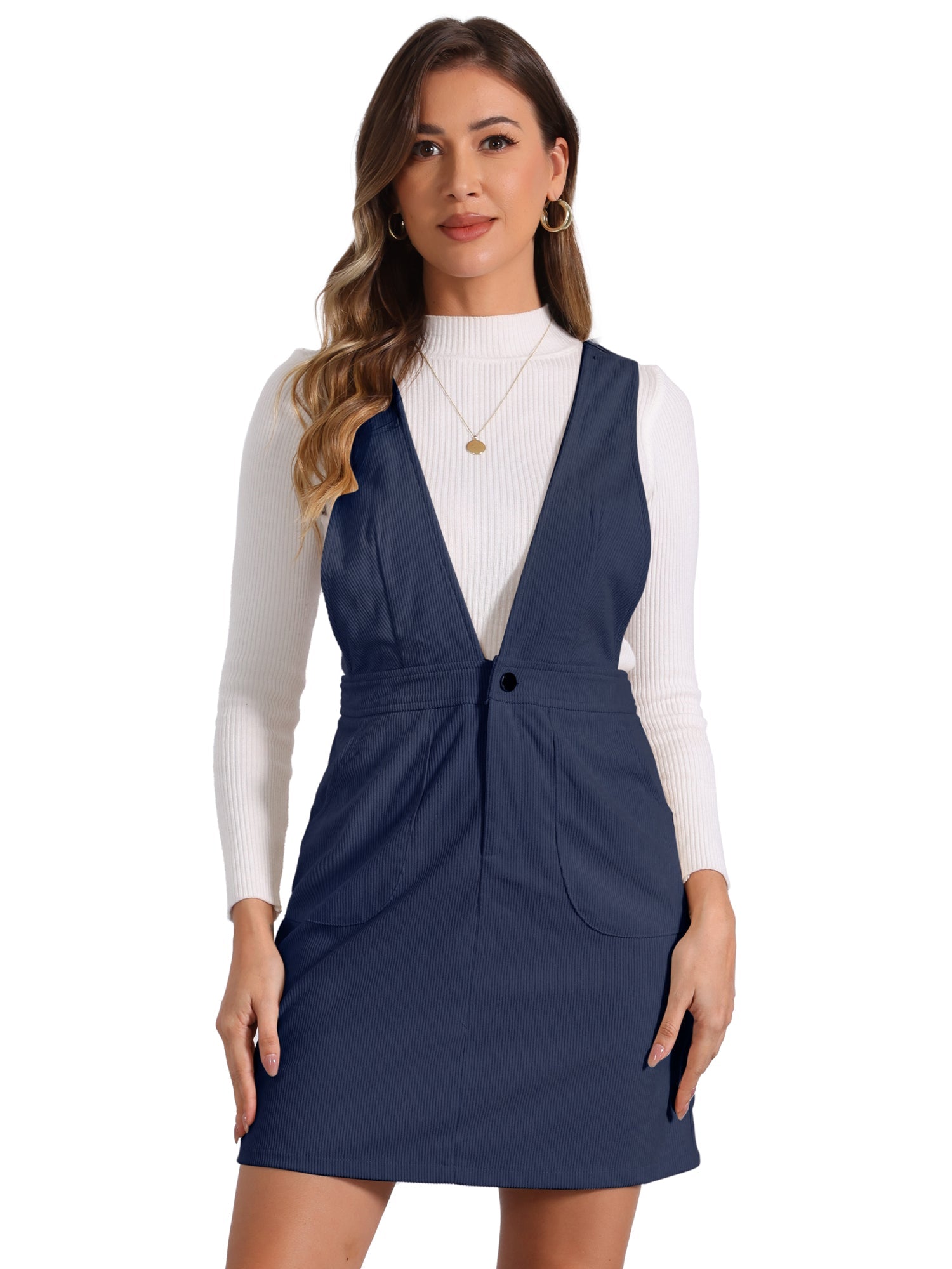 Corduroy Overall V Neck Strap Mini Pinafore Dress