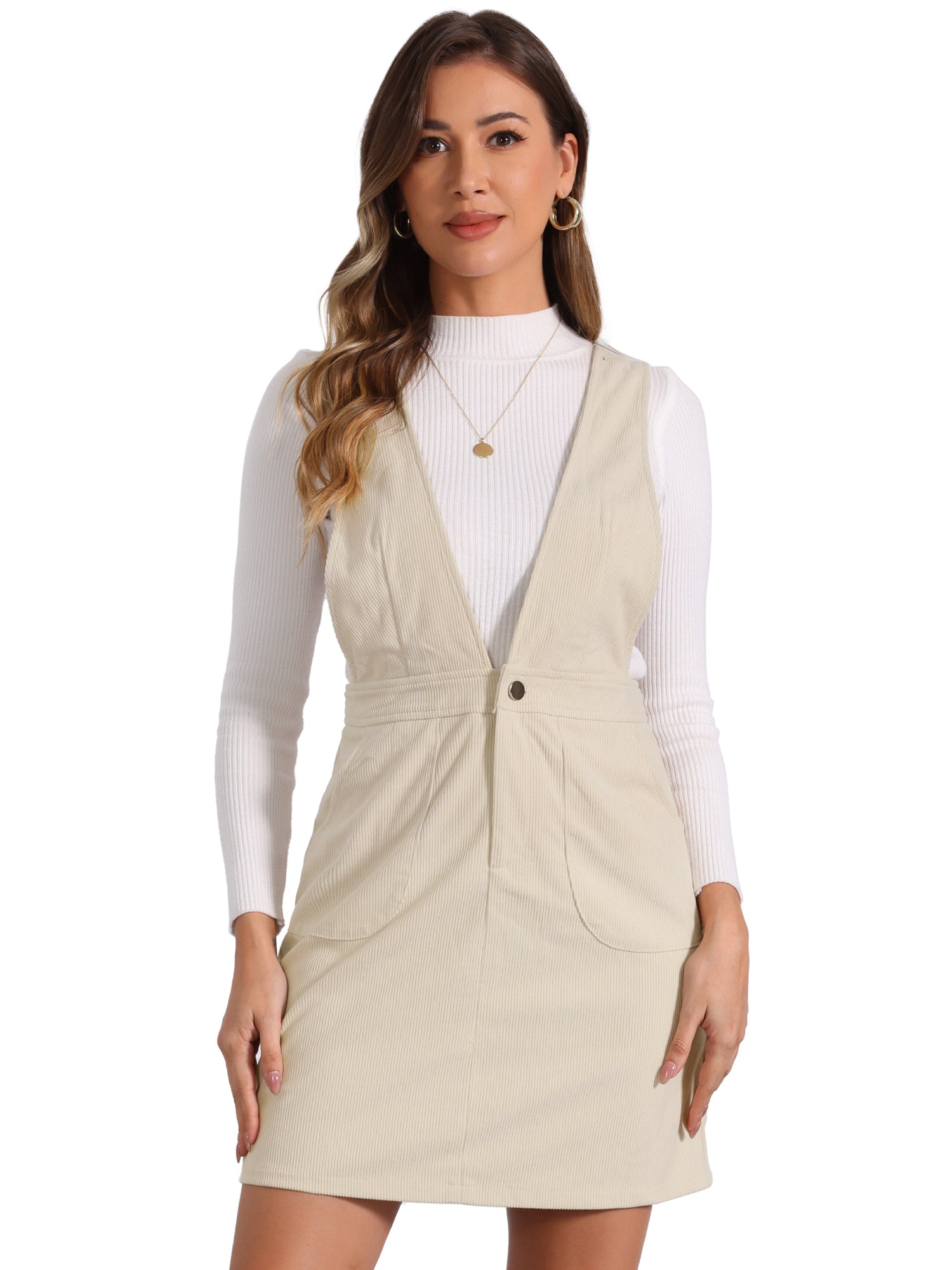 Corduroy Overall V Neck Strap Mini Pinafore Dress