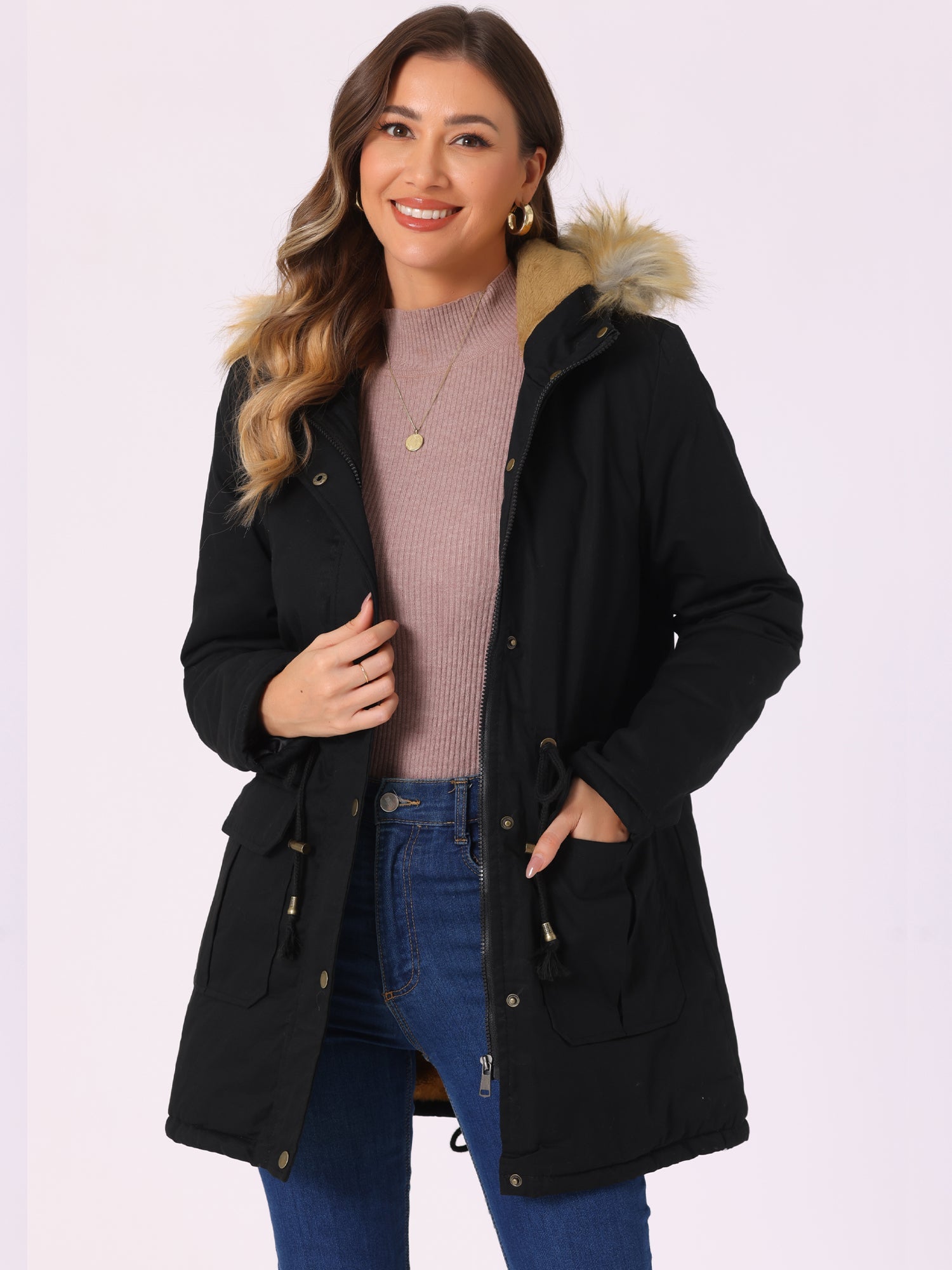 Long Sleeves Windproof Faux Fur Hooded Parka Jacket