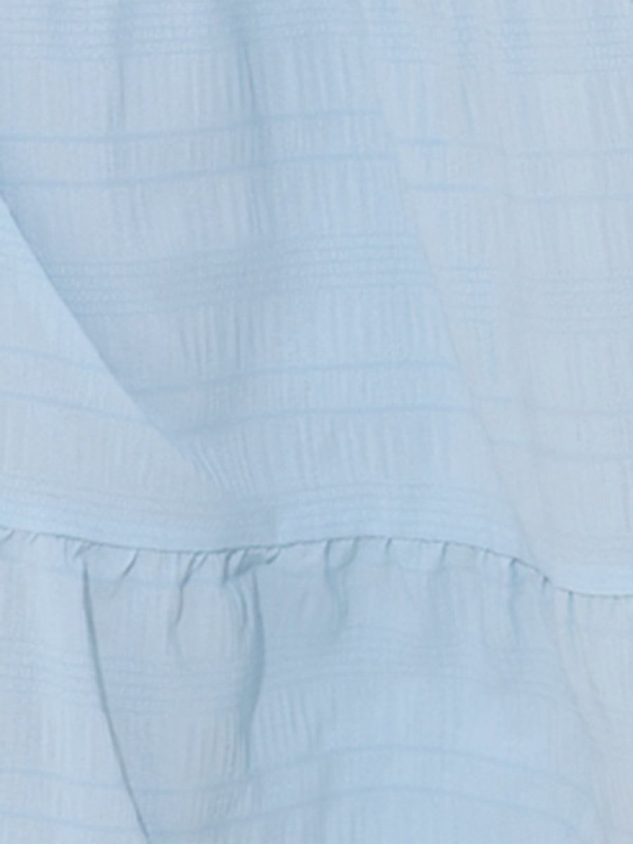 Mock Neck Ruffled Textured Cap Sleeve Tiered Midi Dress