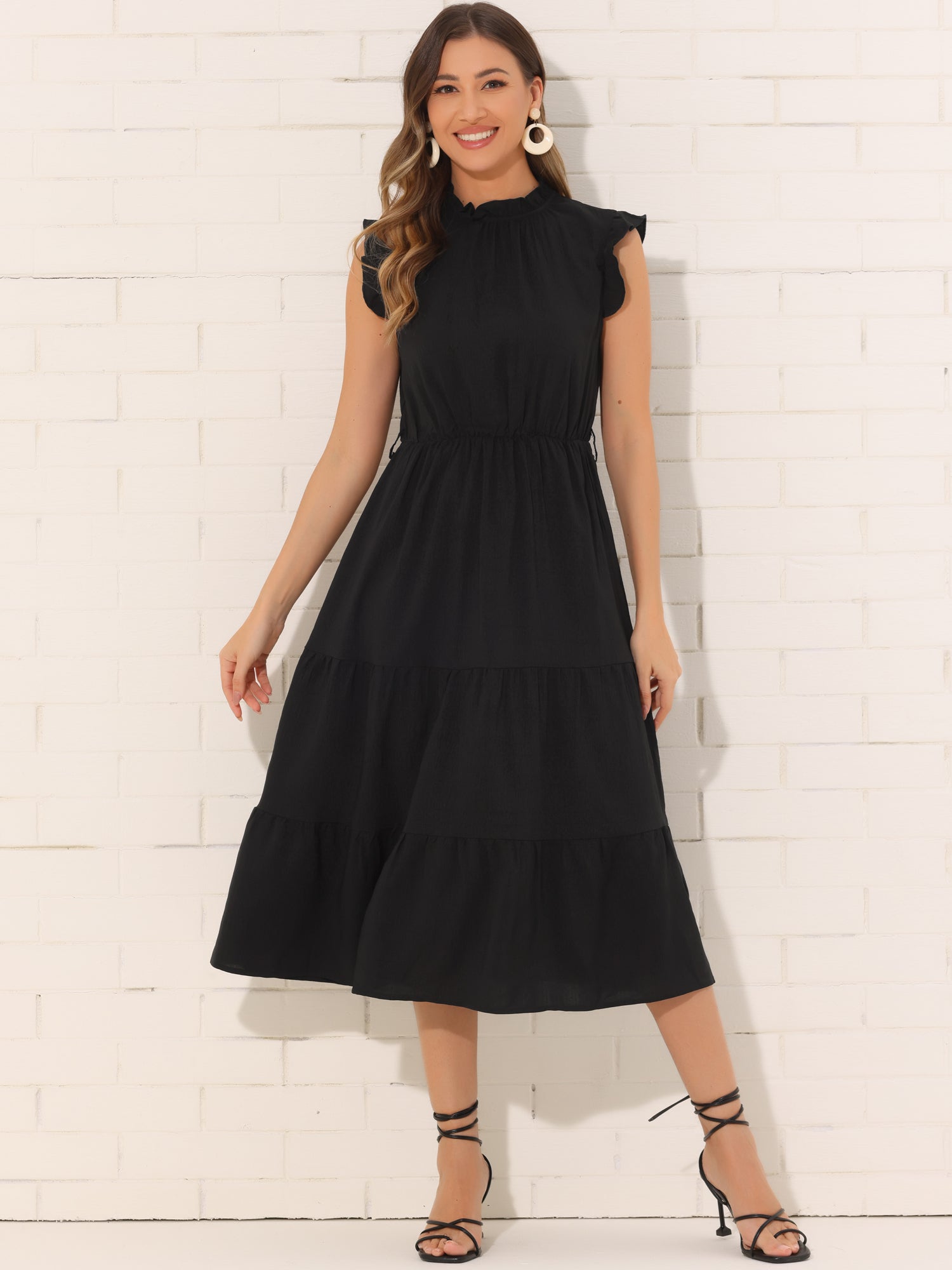 Mock Neck Ruffled Textured Cap Sleeve Tiered Midi Dress