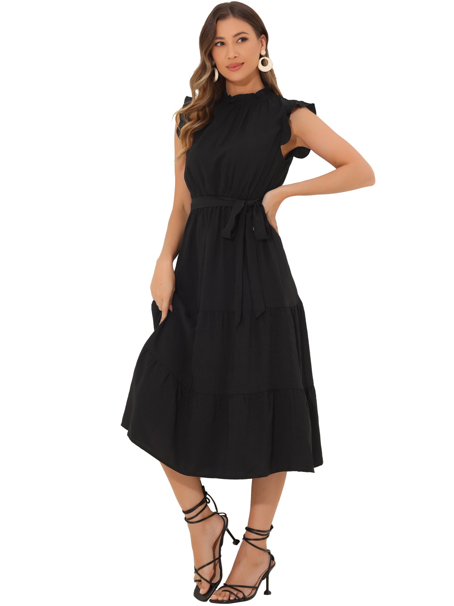 Mock Neck Ruffled Textured Cap Sleeve Tiered Midi Dress