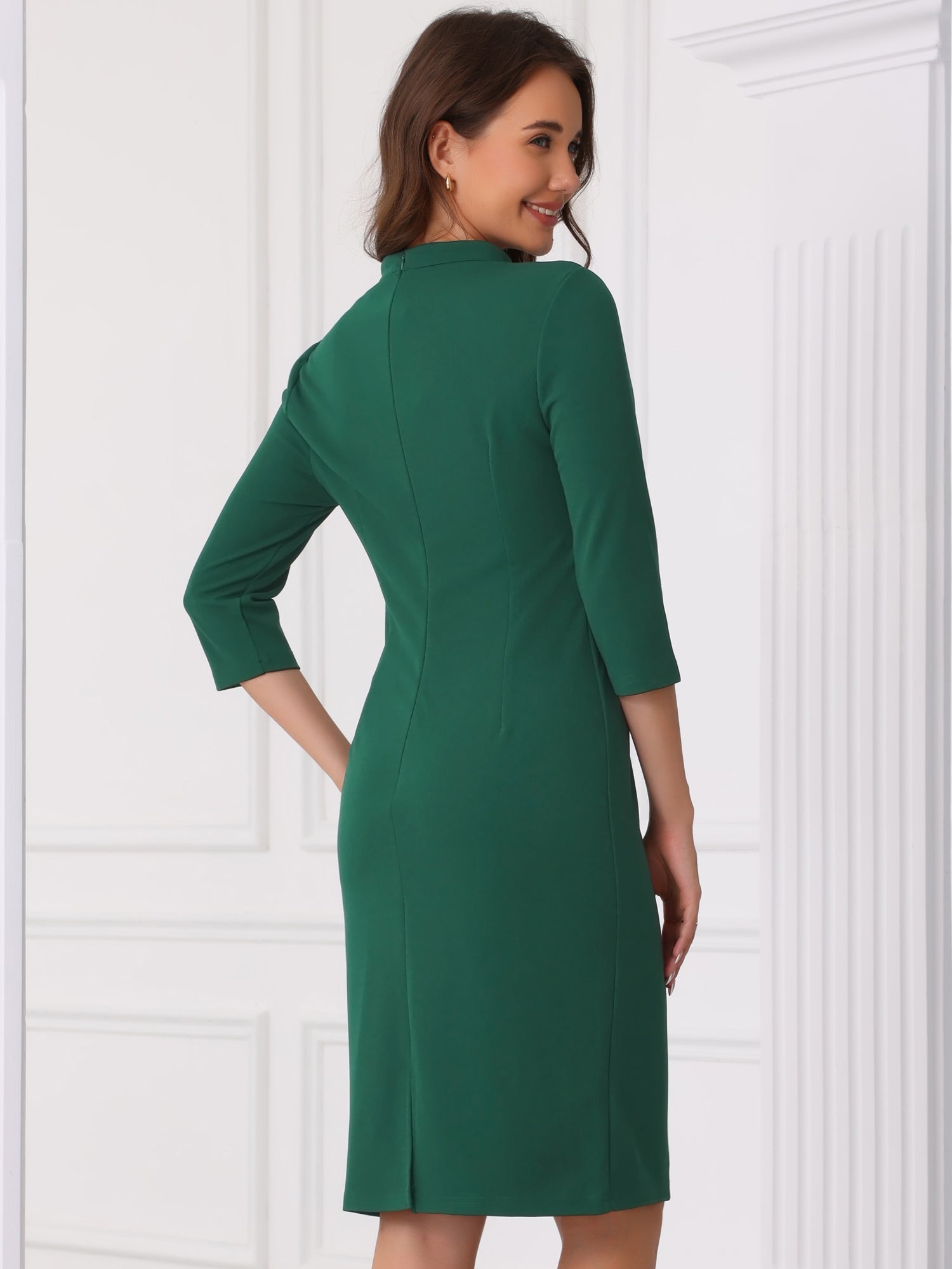 Notch Neck 3/4 Sleeve Slit Midi Work Sheath Dress