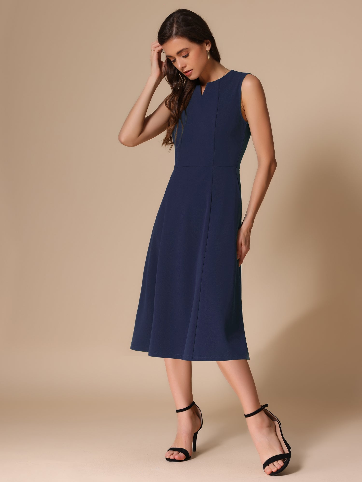 Notch Neck Pocketed Work Office A-Line Midi Dress