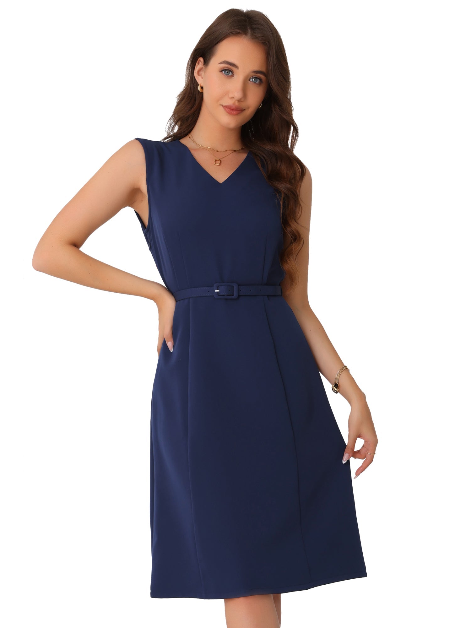 V Neck Sleeveless Belted A-Line Midi Work Dress