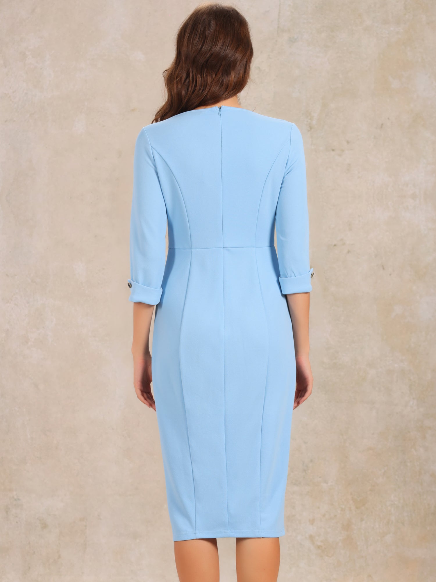 Work Boat Neck 3/4 Sleeves Midi Split Sheath Dress