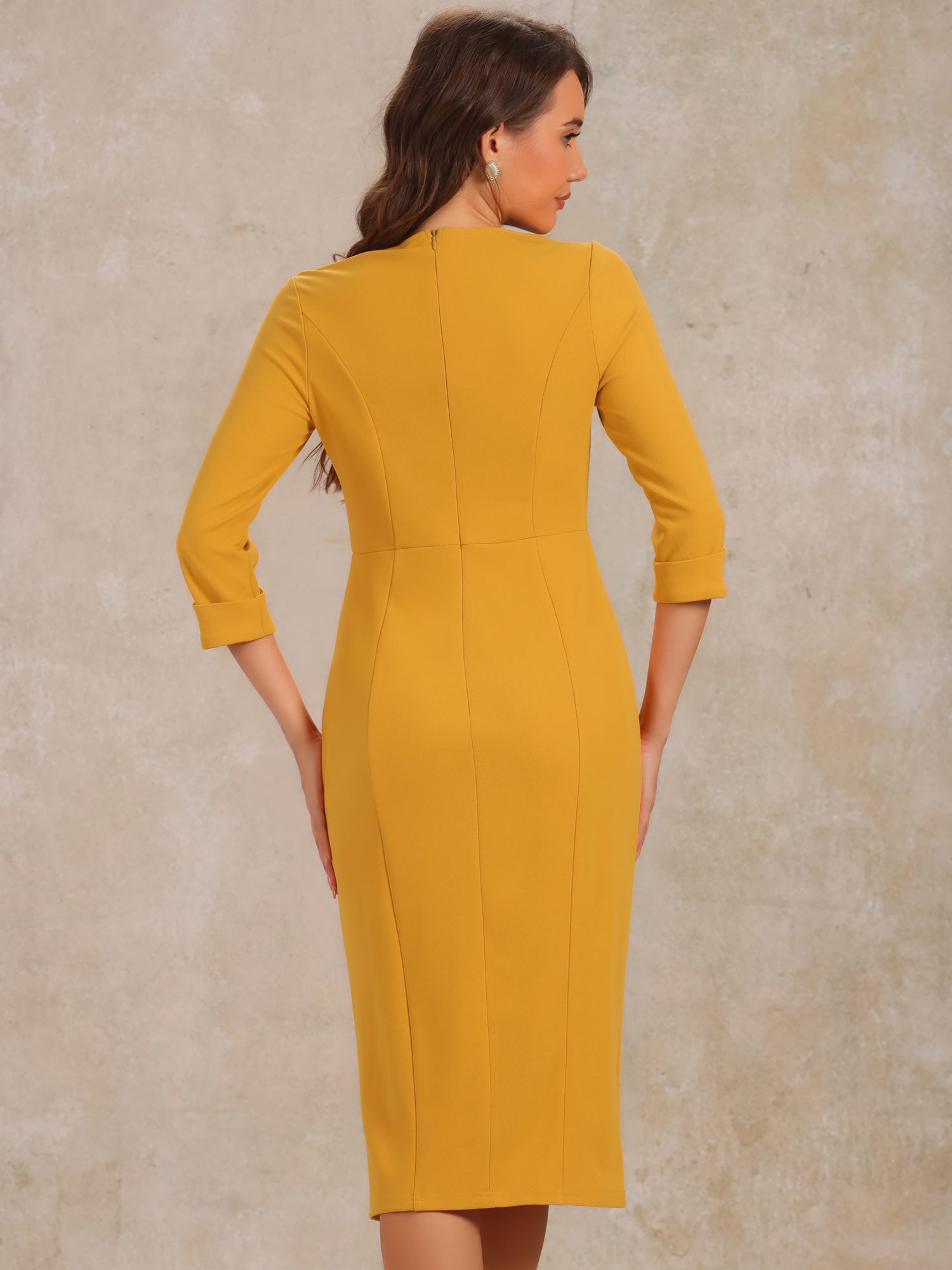 Work Boat Neck 3/4 Sleeves Midi Split Sheath Dress