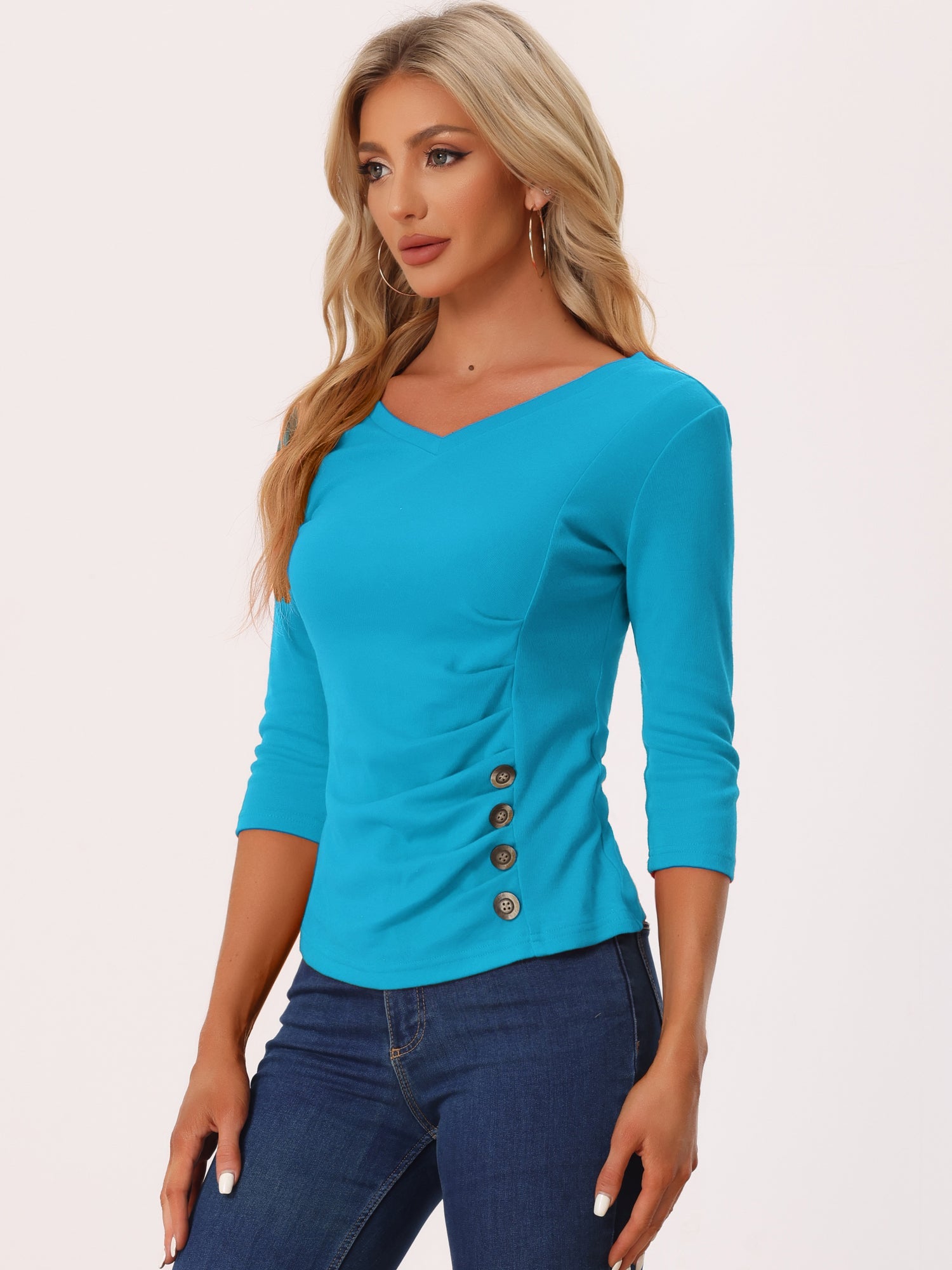 V Neck 3/4 Sleeves Solid Knitted Button Decor Ruched Blouse