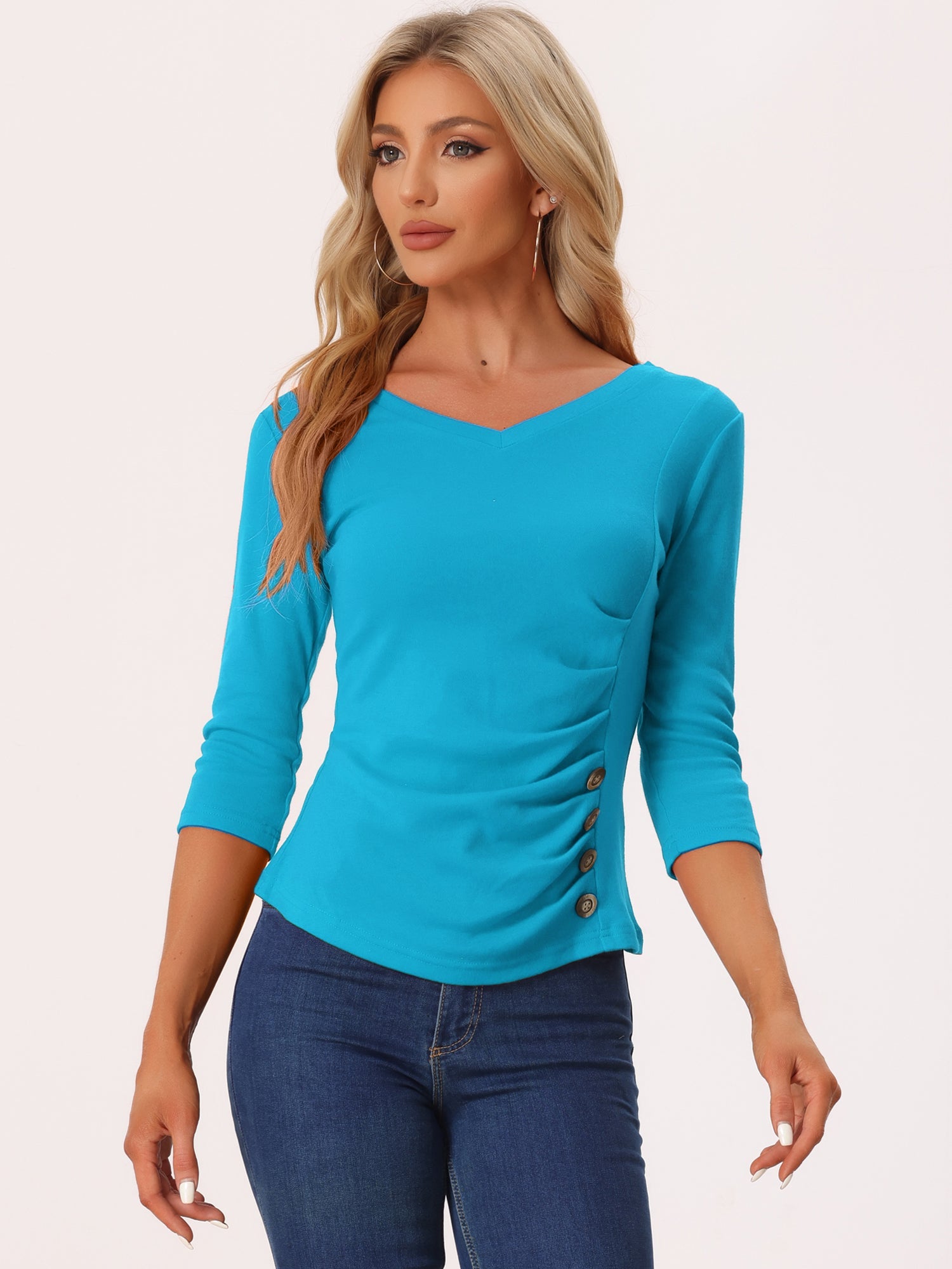 V Neck 3/4 Sleeves Solid Knitted Button Decor Ruched Blouse