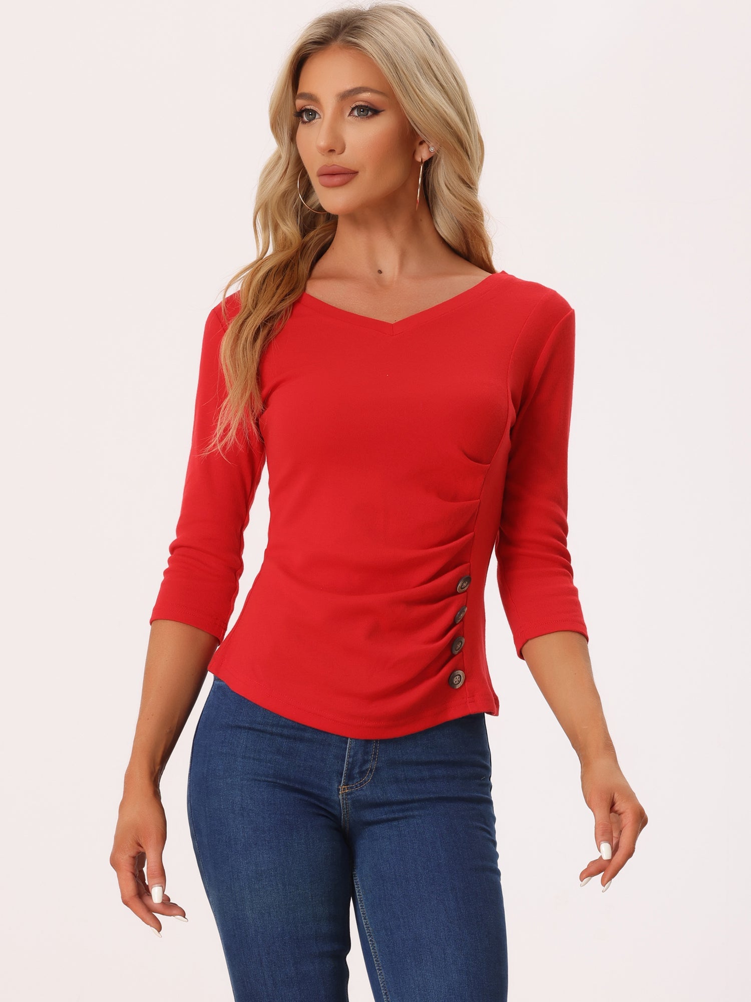 3/4 Sleeves V Neck Solid Knitted Button Decor Ruched Blouse