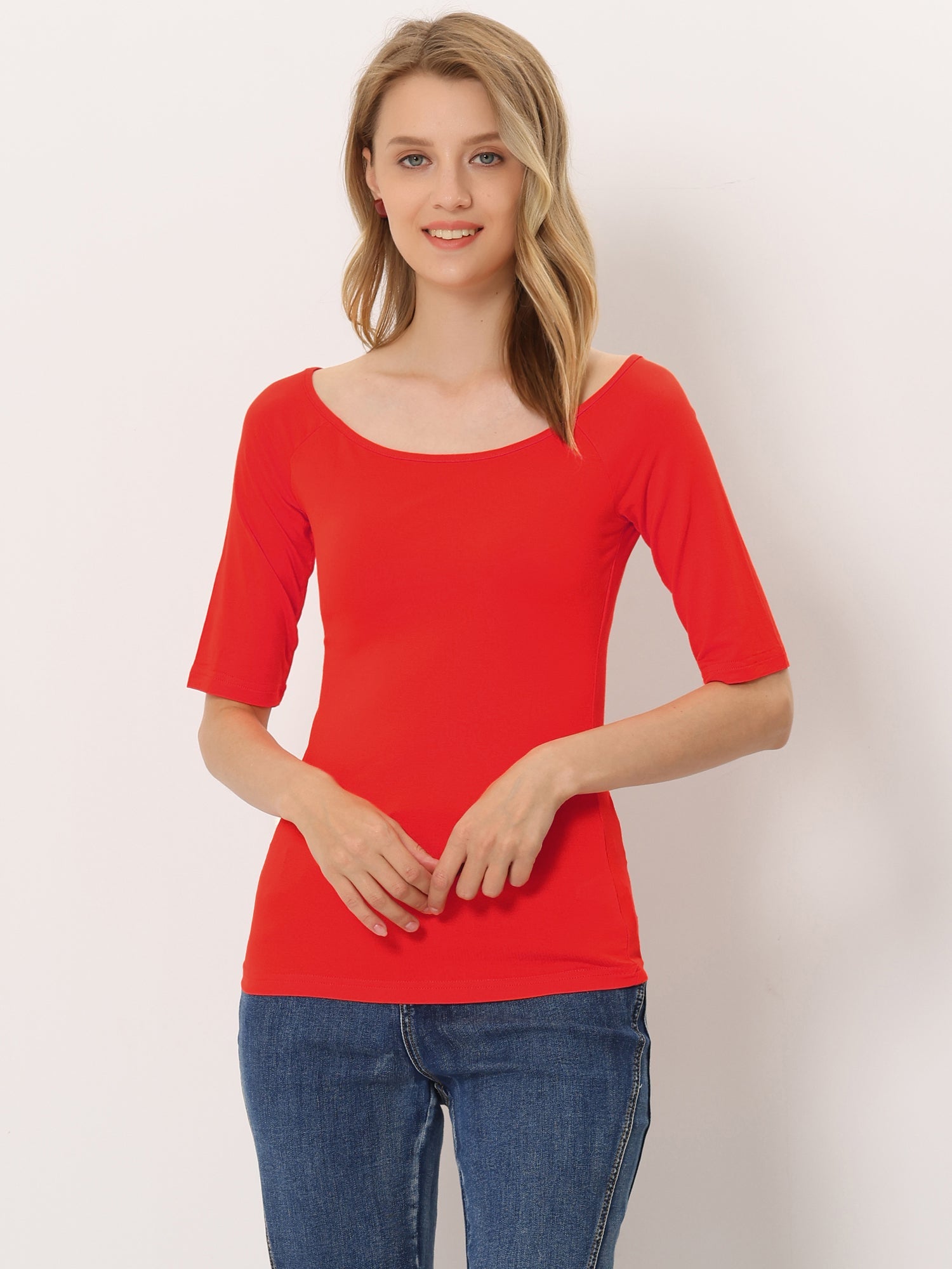 Half Sleeves Scoop Neck Fitted Layering Soft T-Shirt