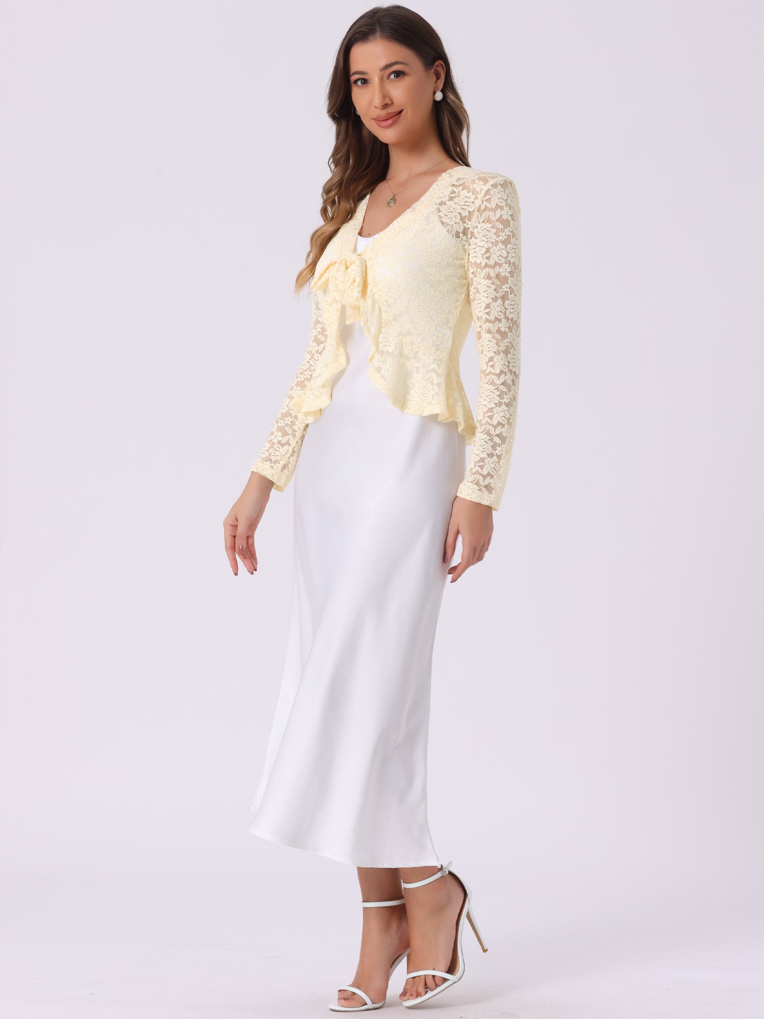 Floral Lace Shrug Tie Front Ruffled Hem Sheer Crop Bolero