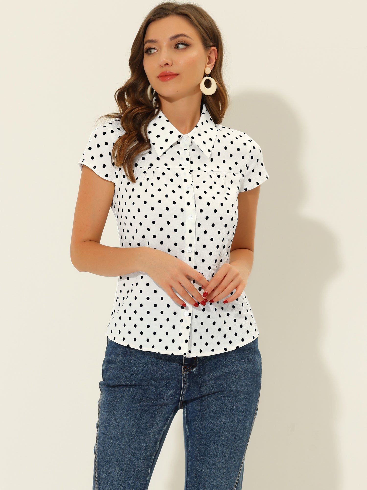 Short Sleeve Tops Vintage Polka Dots Button Up Shirt