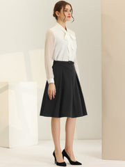 Women's A-Line Belted Waist Casual Midi Flare Pleated Skirt