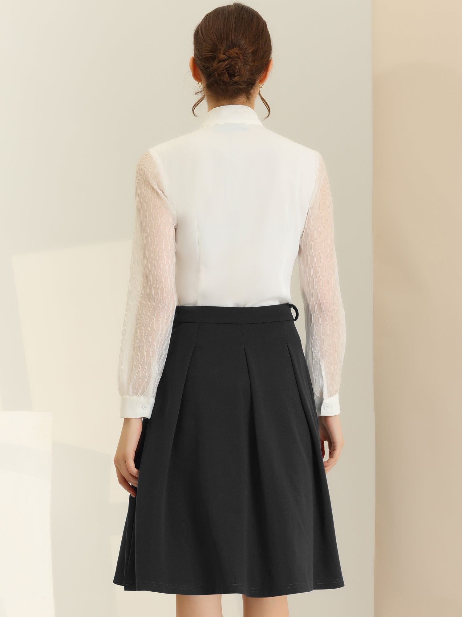 Women's A-Line Belted Waist Casual Midi Flare Pleated Skirt
