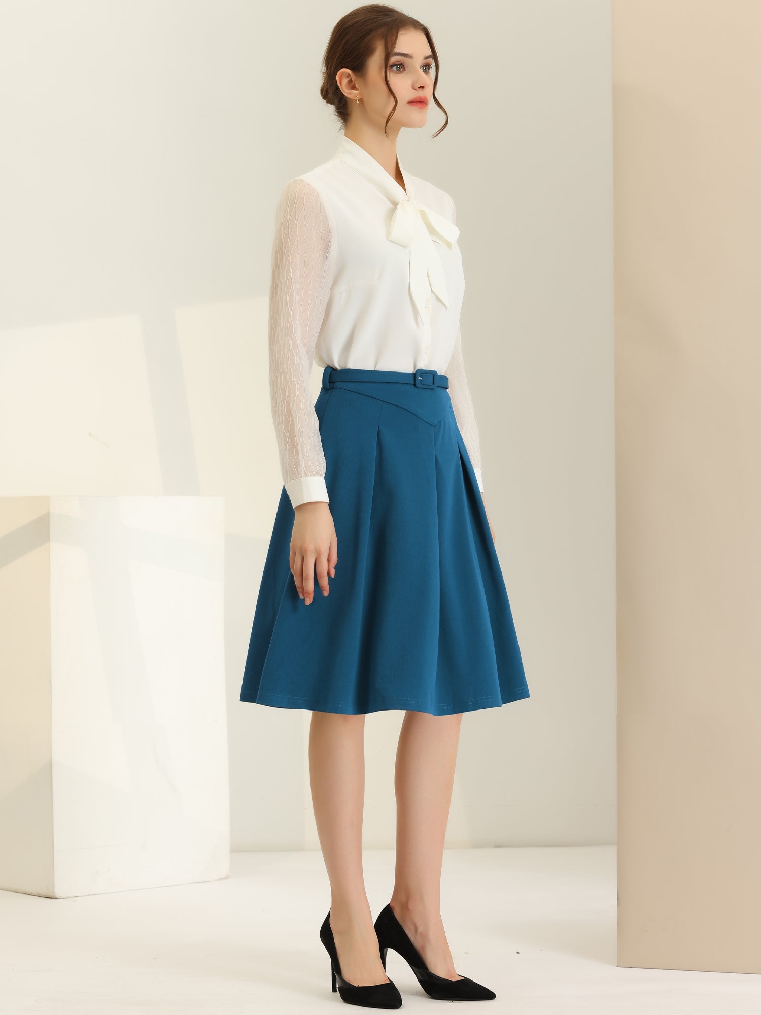 Women's A-Line Belted Waist Casual Midi Flare Pleated Skirt