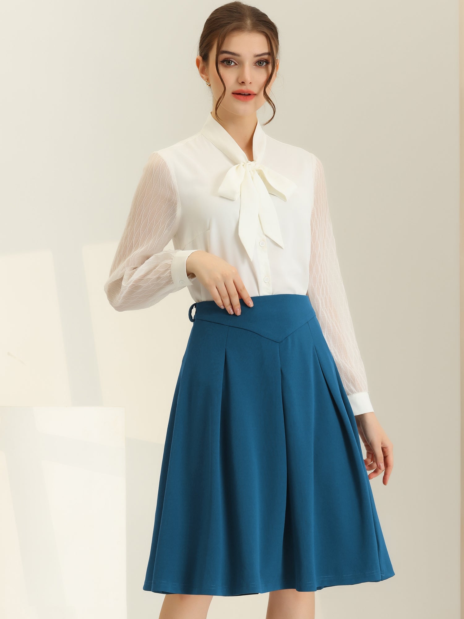 Women's A-Line Belted Waist Casual Midi Flare Pleated Skirt