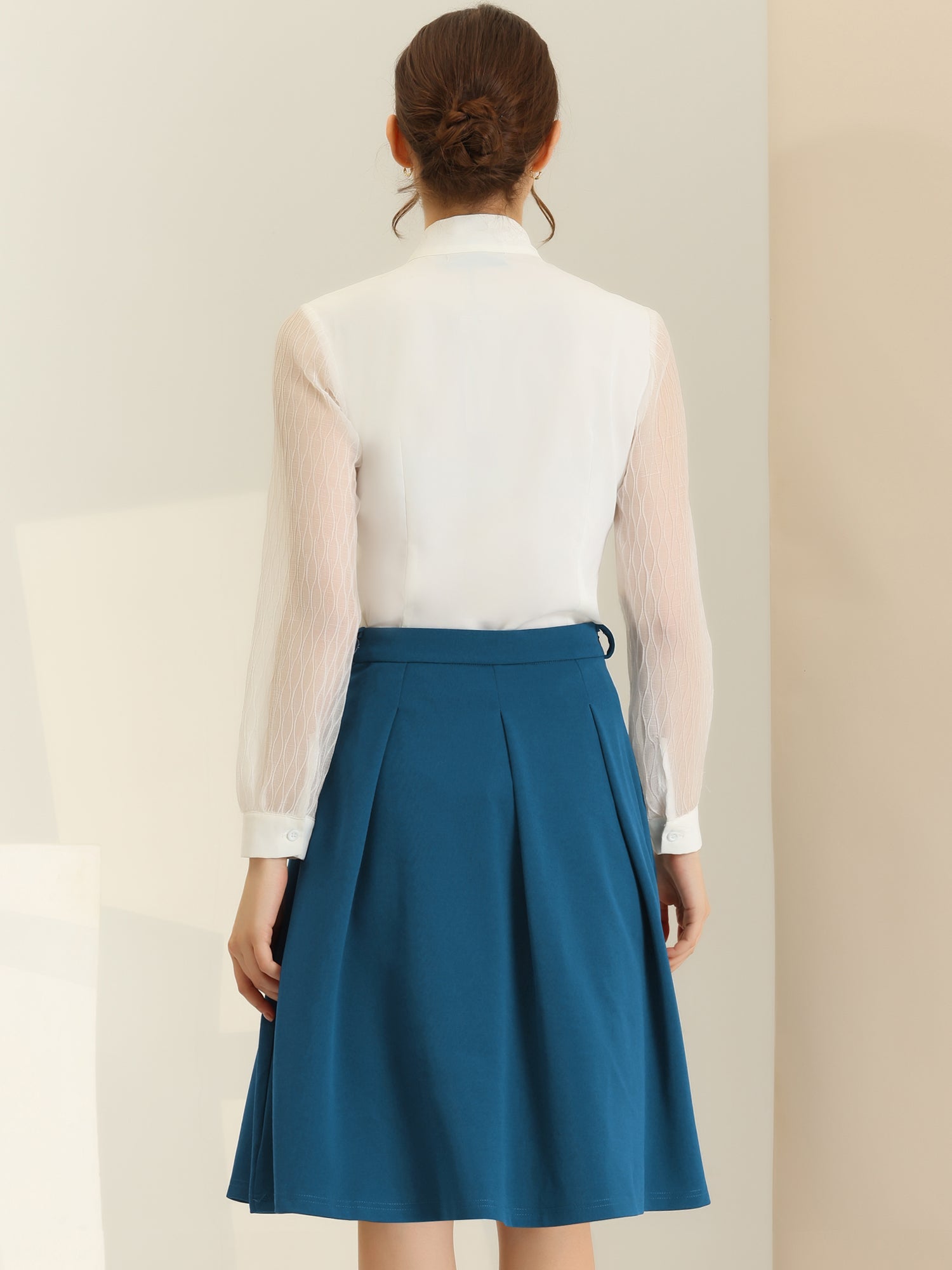 Women's A-Line Belted Waist Casual Midi Flare Pleated Skirt