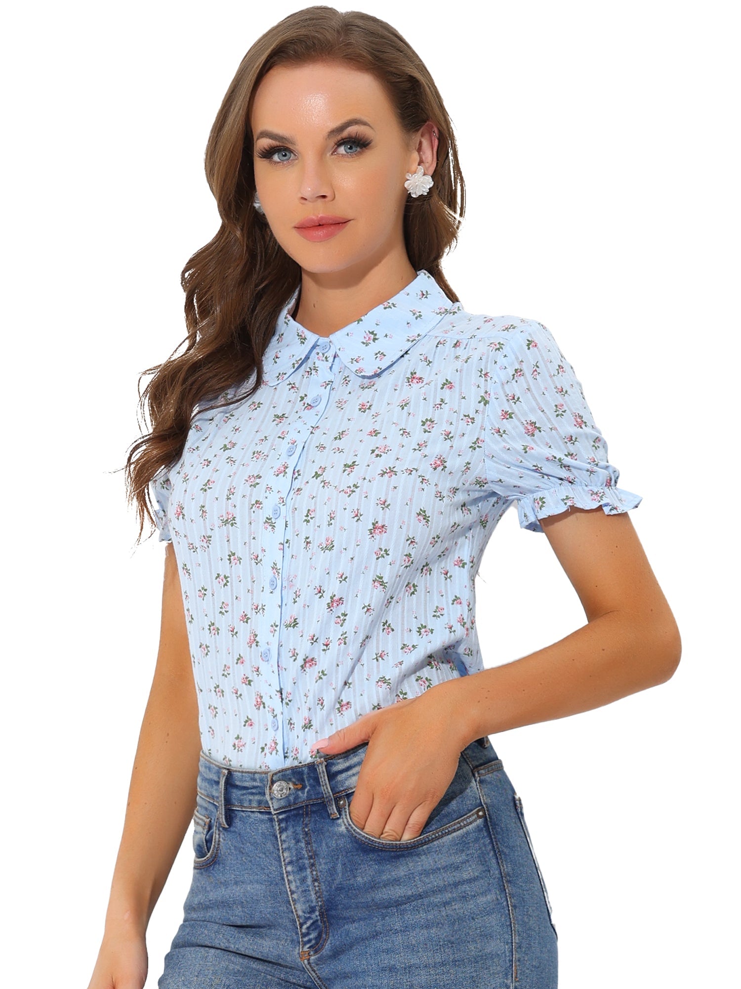 Floral Printed Peter Pan Collar Cotton Short Sleeve Shirt