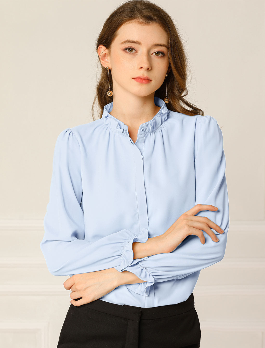 Work Office Blouse Button Up Ruffle Collar Long Sleeve Chiffon Shirt