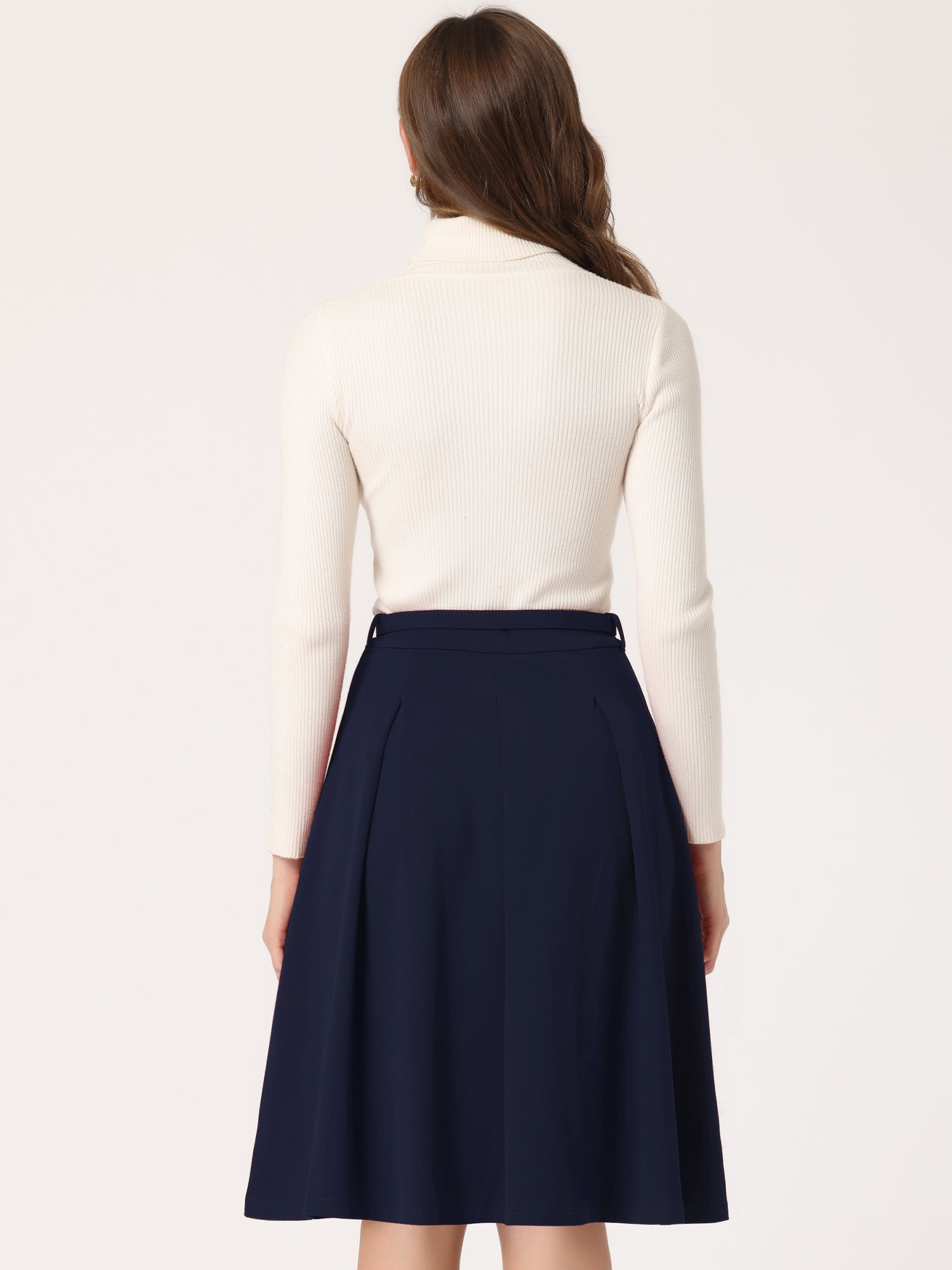Women's A-Line Belted Waist Casual Midi Flare Pleated Skirt