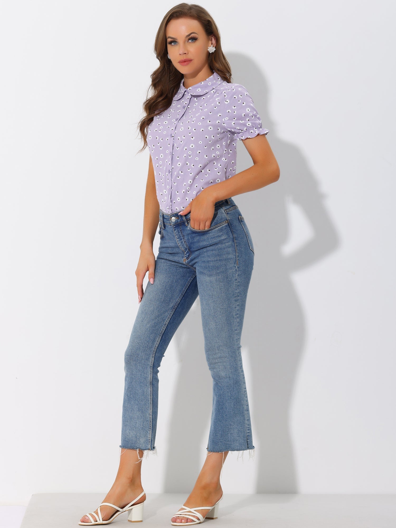 Floral Printed Peter Pan Collar Cotton Short Sleeve Shirt