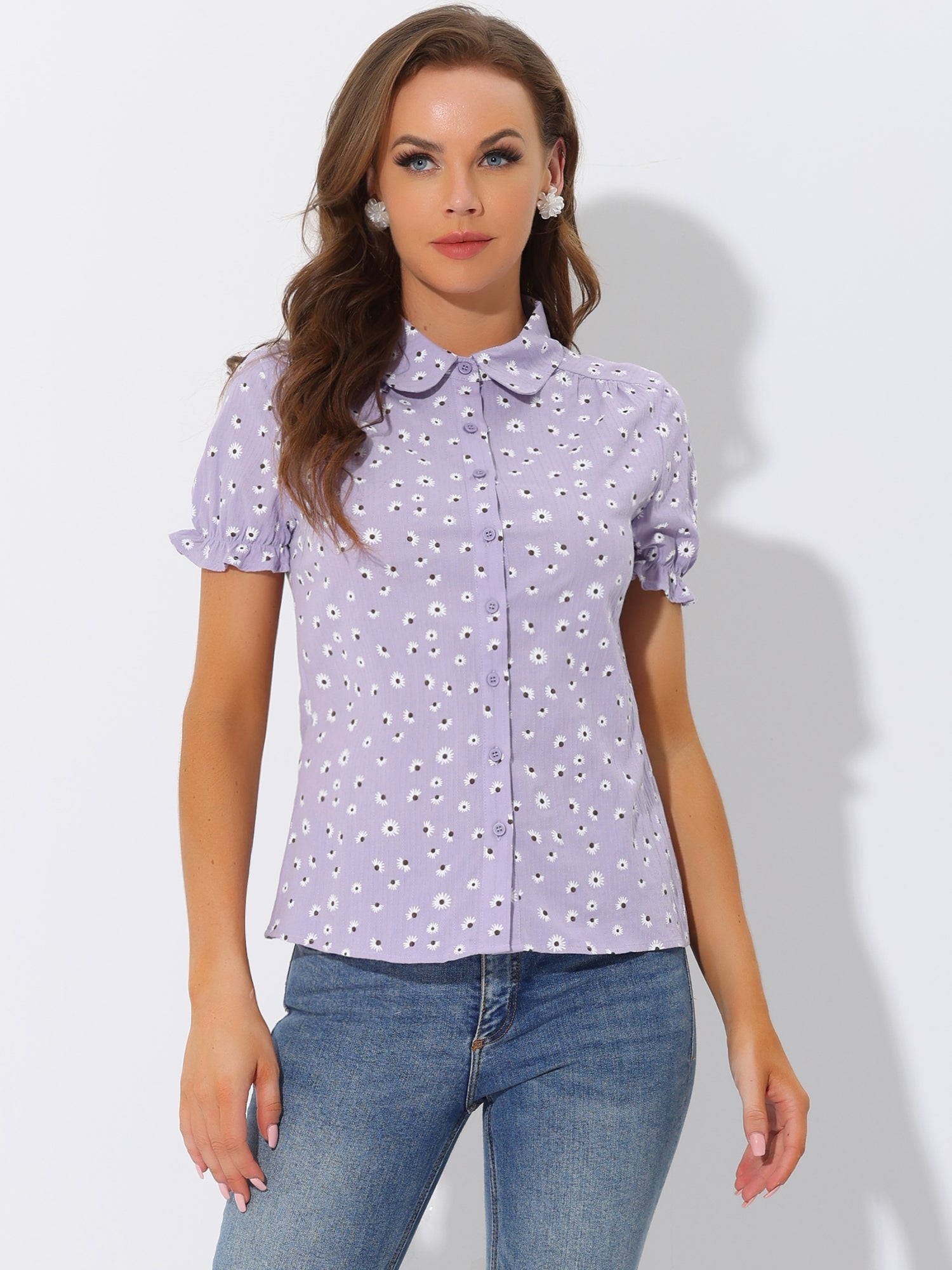 Floral Printed Peter Pan Collar Cotton Short Sleeve Shirt