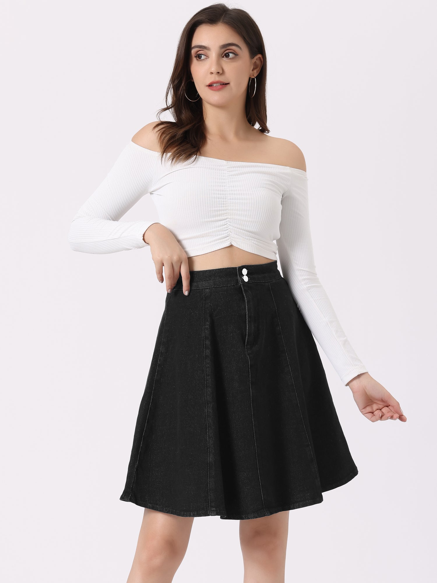High Waisted A-Line Flared Casual Denim Midi Jean Skirt