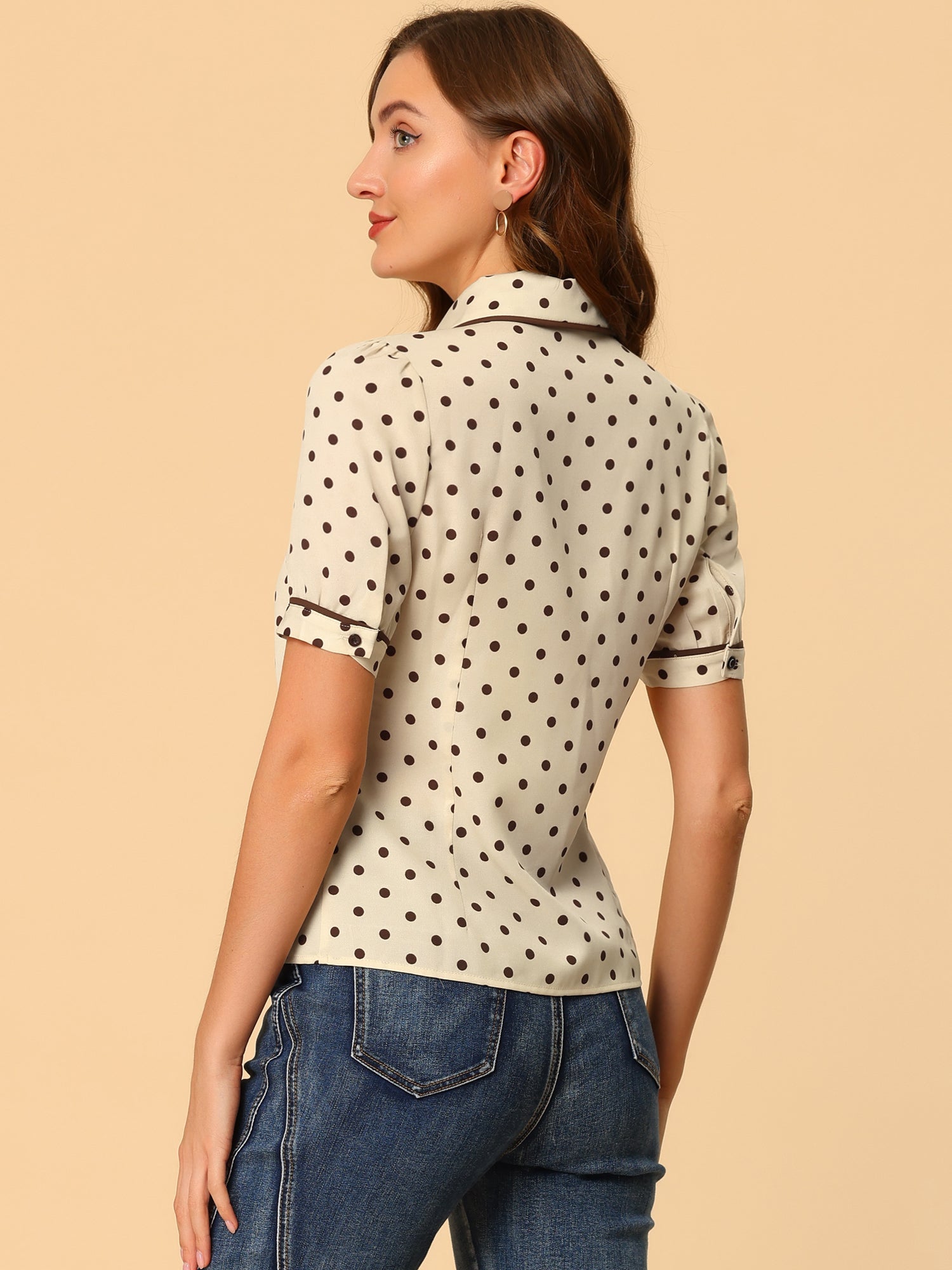 Polka Dot Peter Pan Collar Bow Tie Neck Puff Sleeve Vintage Shirt
