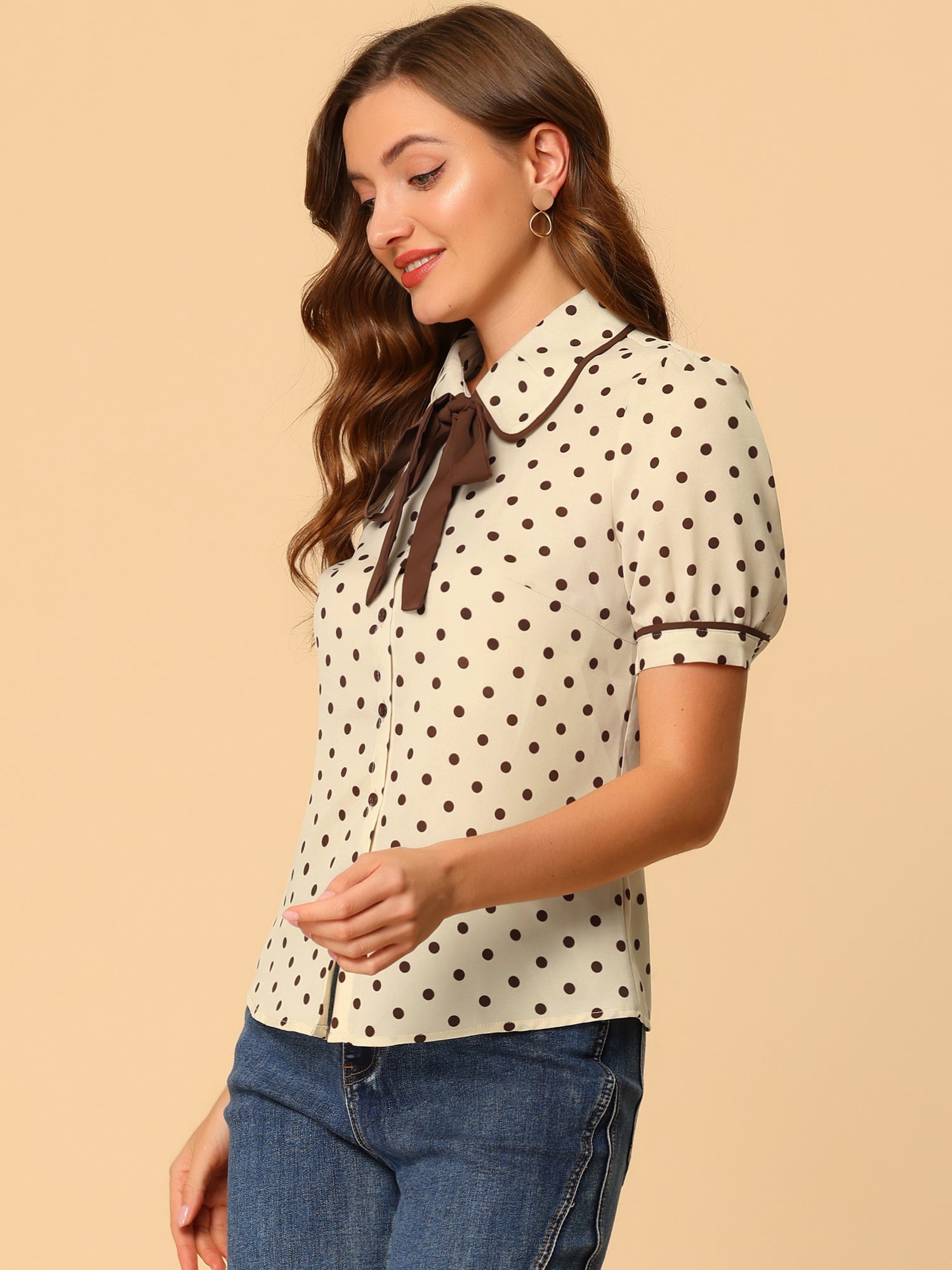 Polka Dot Peter Pan Collar Bow Tie Neck Puff Sleeve Vintage Shirt