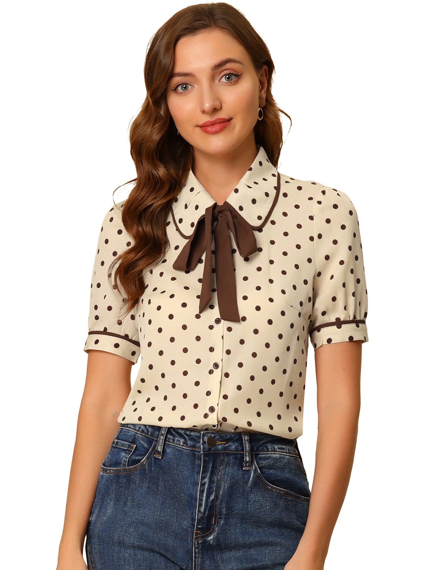 Polka Dot Peter Pan Collar Bow Tie Neck Puff Sleeve Vintage Shirt