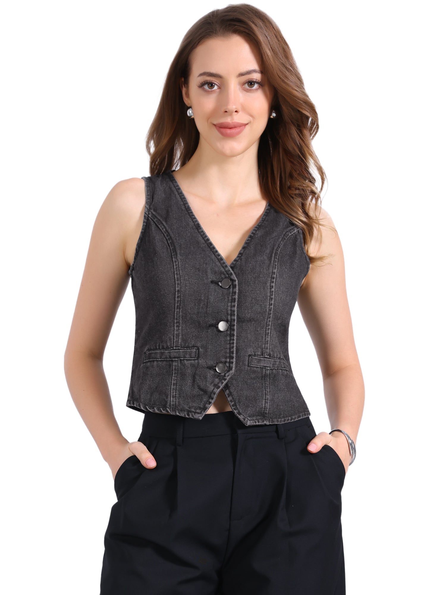 Denim Jakcet Sleeveless V Neck Button Down Casual Jean Waistcoat Vest