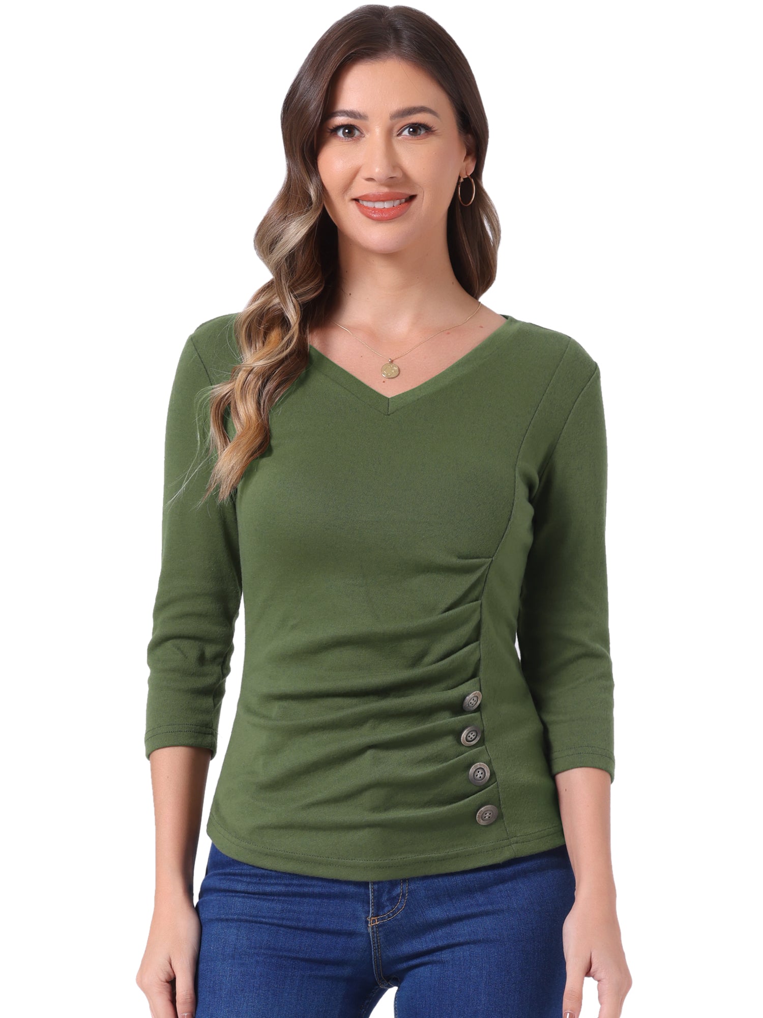 V Neck 3/4 Sleeves Solid Knitted Button Decor Ruched Blouse