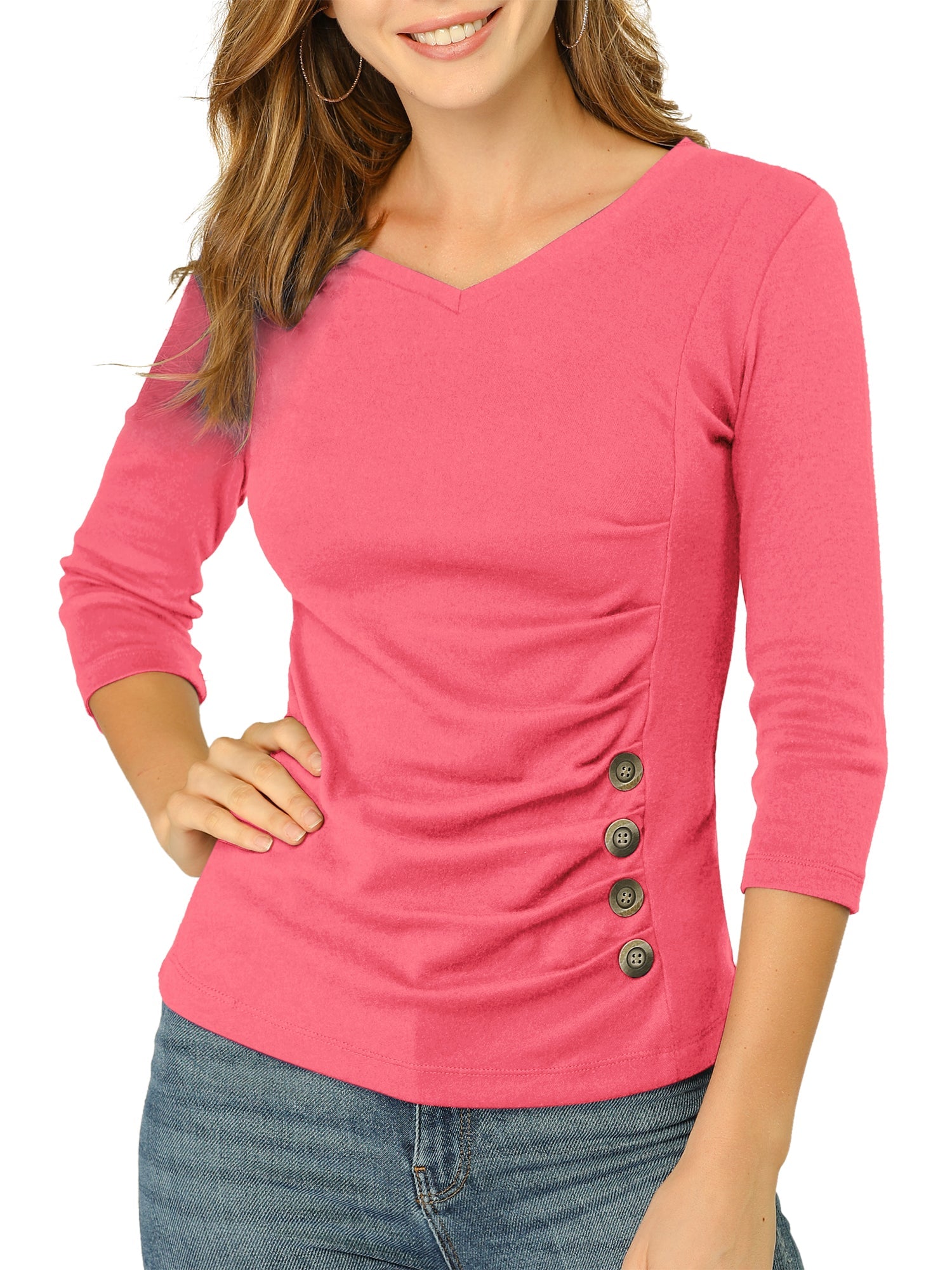 V Neck 3/4 Sleeves Solid Knitted Button Decor Ruched Blouse