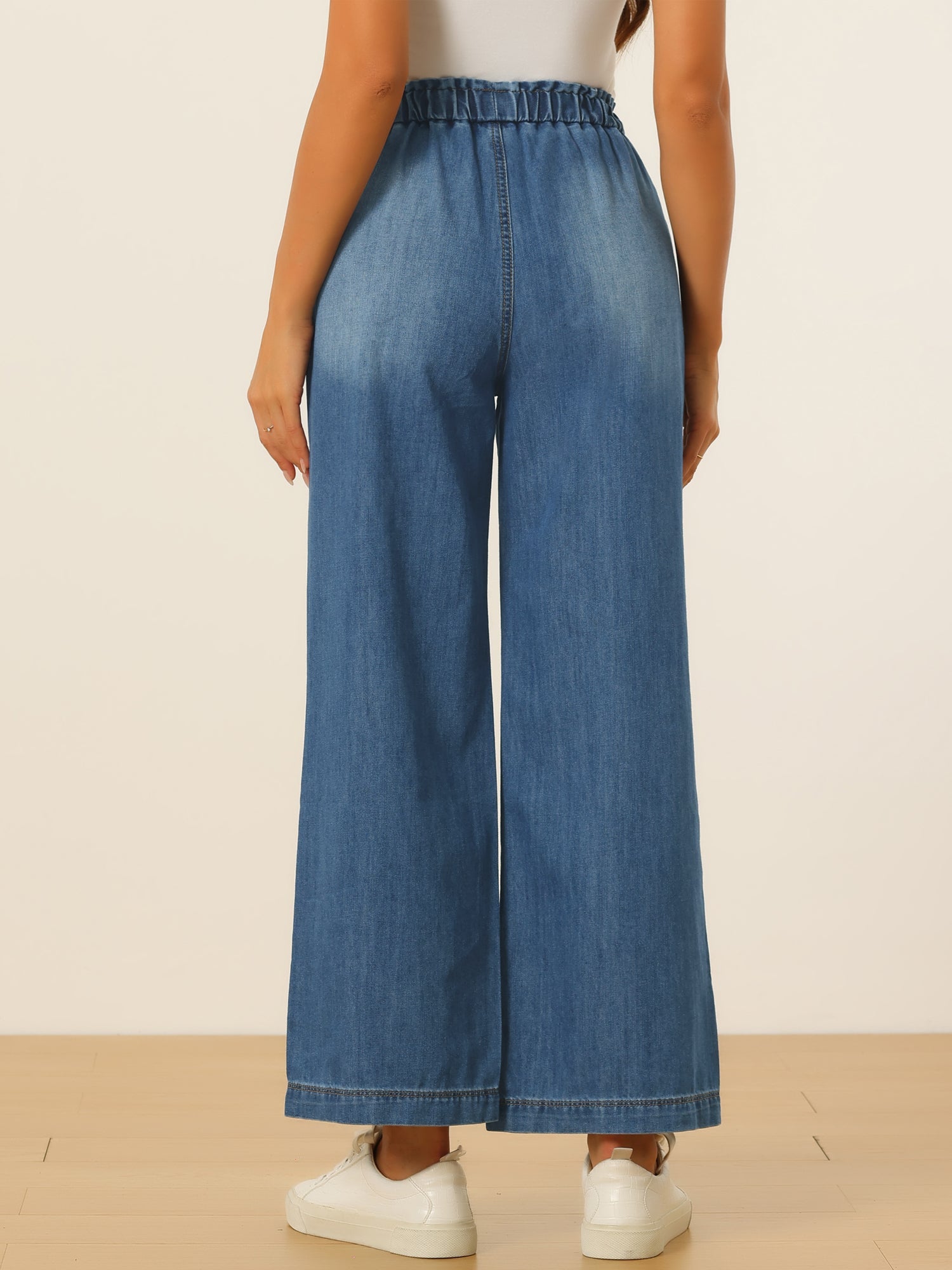 Casual Denim Pants Drawstring Elastic Waist Wide Legs Jeans