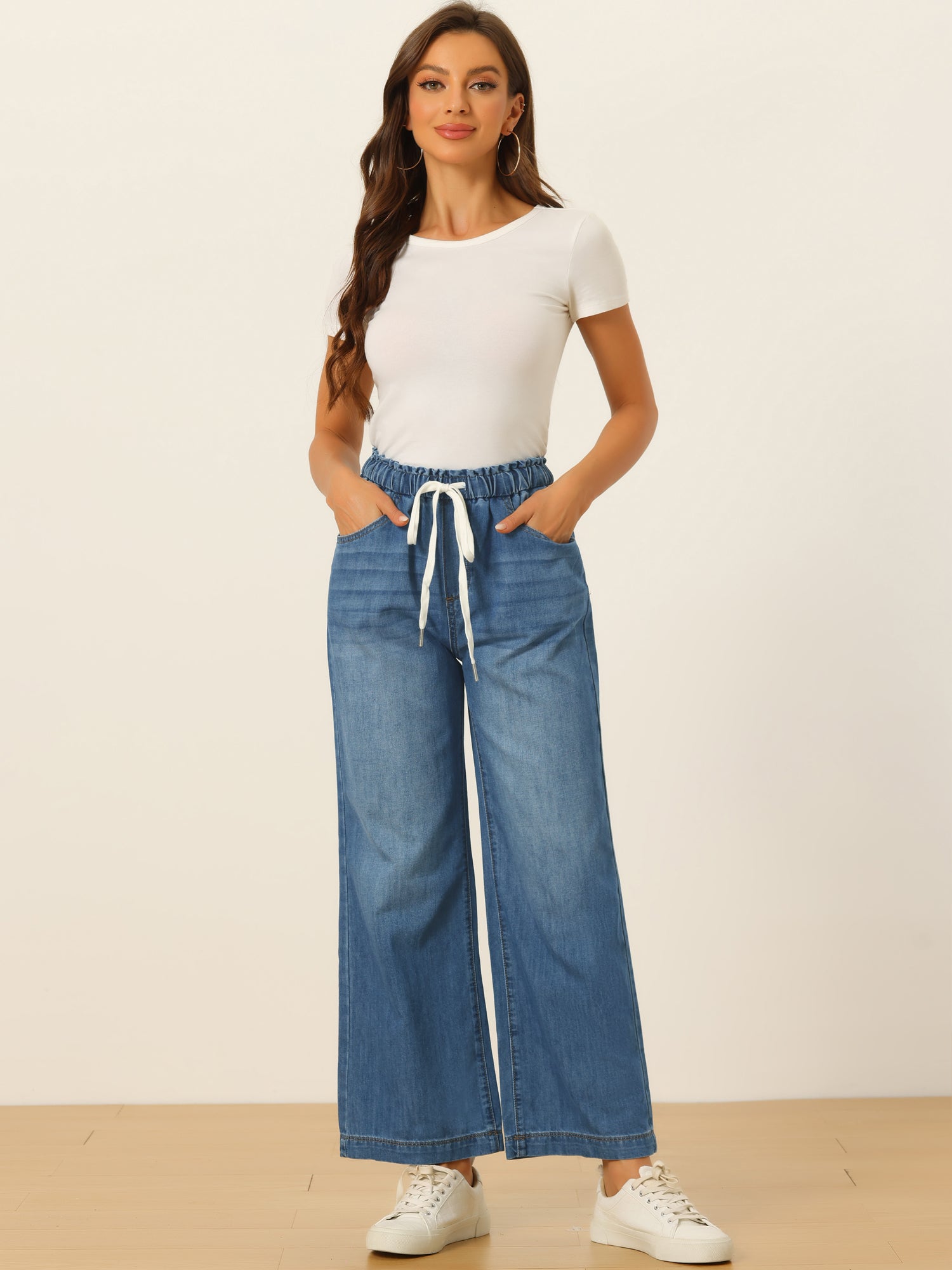 Casual Denim Pants Drawstring Elastic Waist Wide Legs Jeans