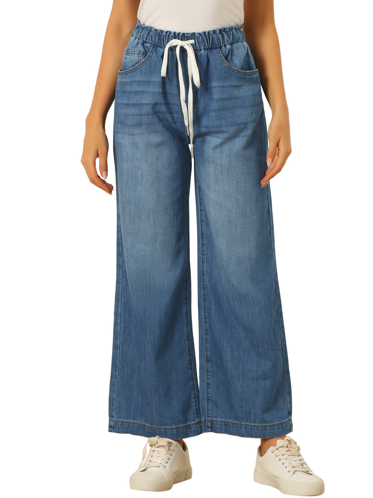 Casual Denim Pants Drawstring Elastic Waist Wide Legs Jeans